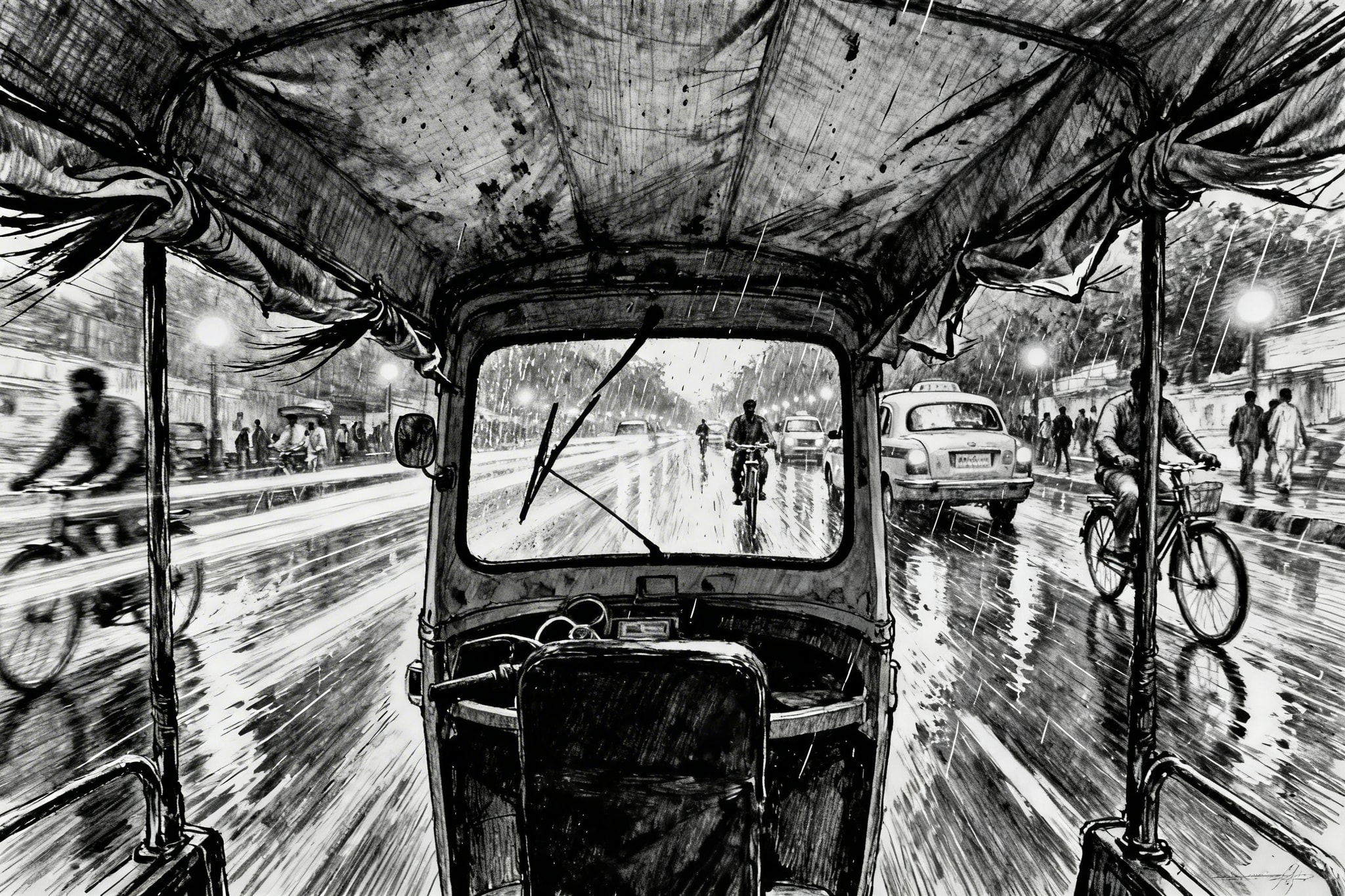 Dynamic scratchy pen drawing of Mumbai street scene from inside a moving auto-rickshaw at night in the rain