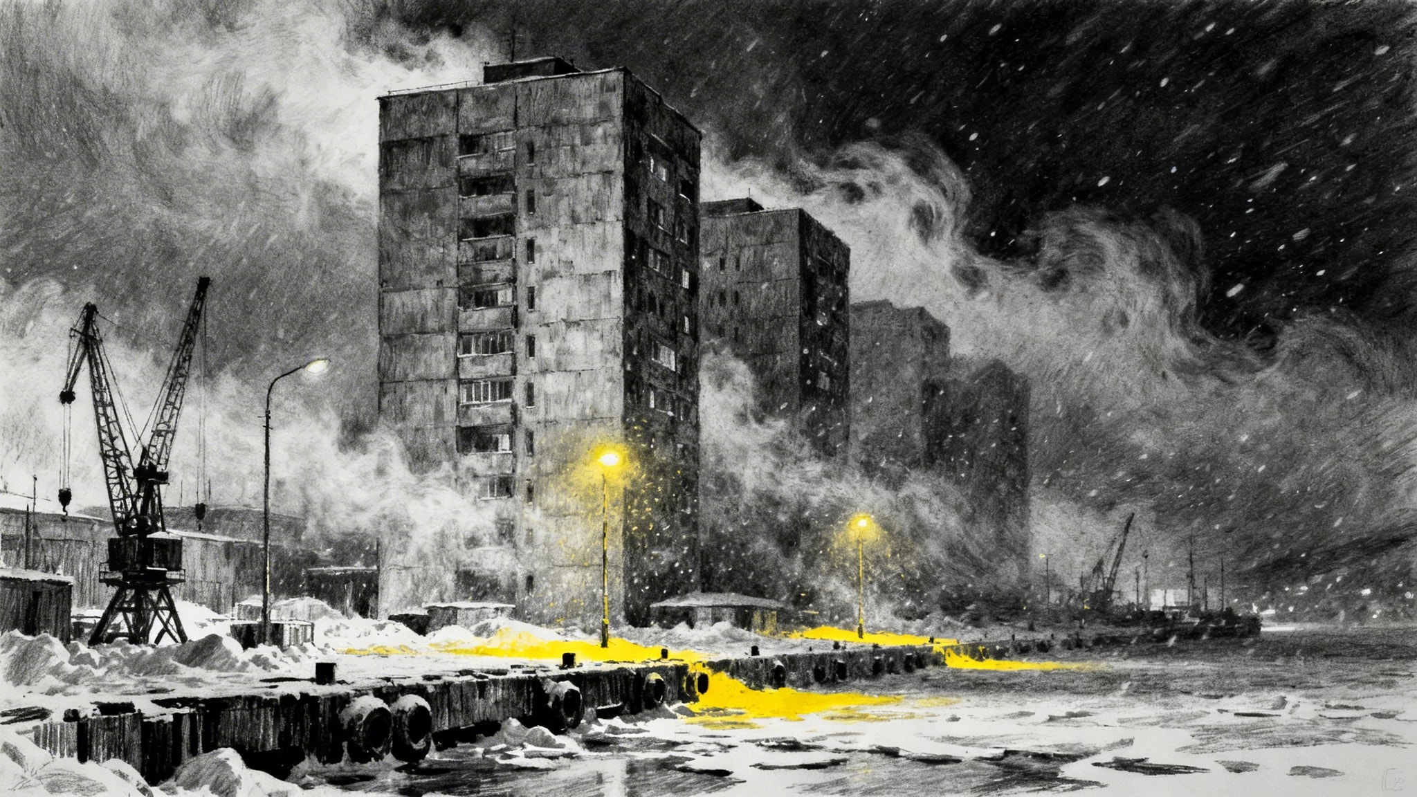 Gritty charcoal drawing of Murmansk port with brutalist Soviet architecture in a snowstorm