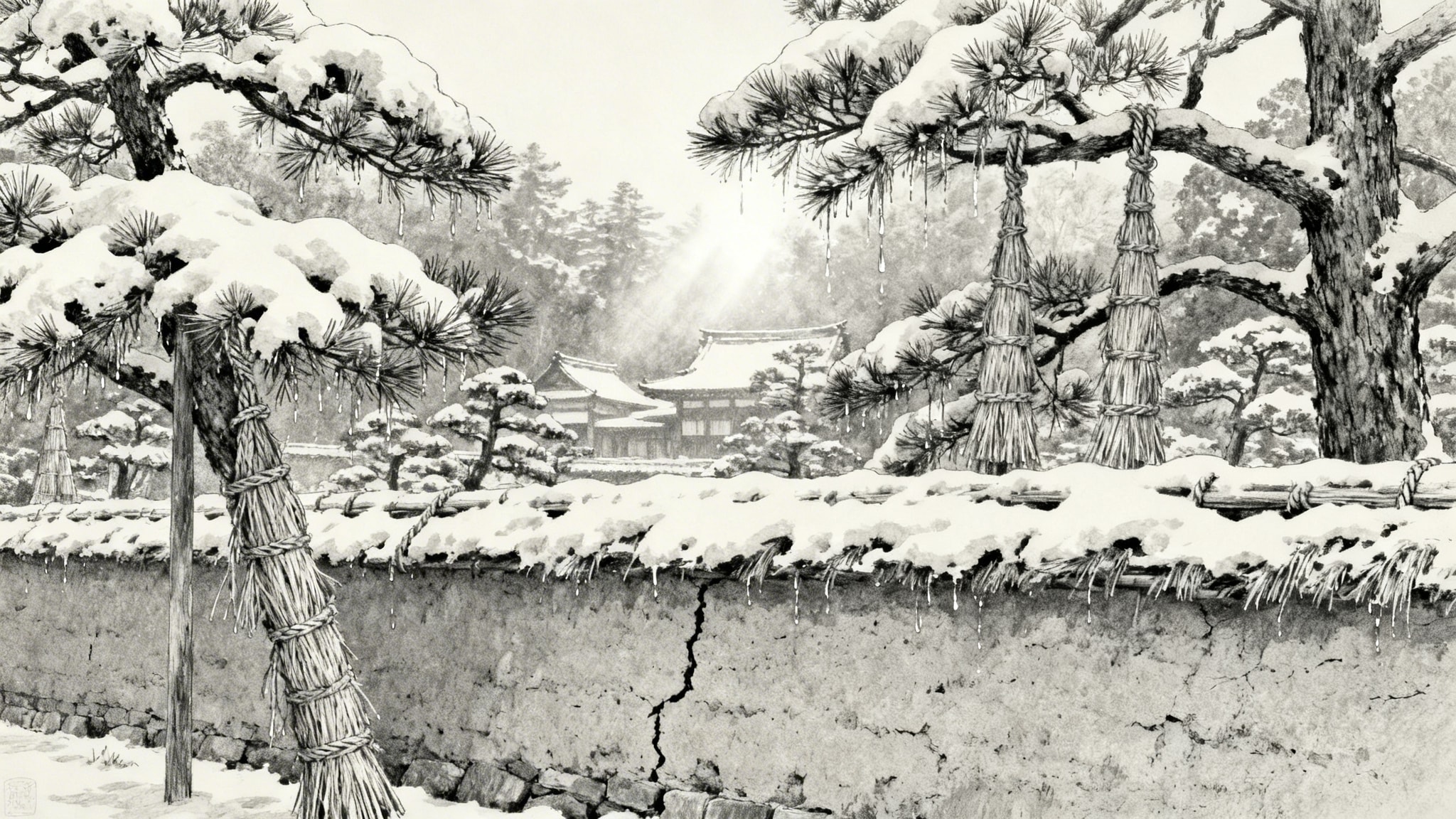 Pen drawing of Nagamachi samurai district with earthen walls and snow-laden pine trees