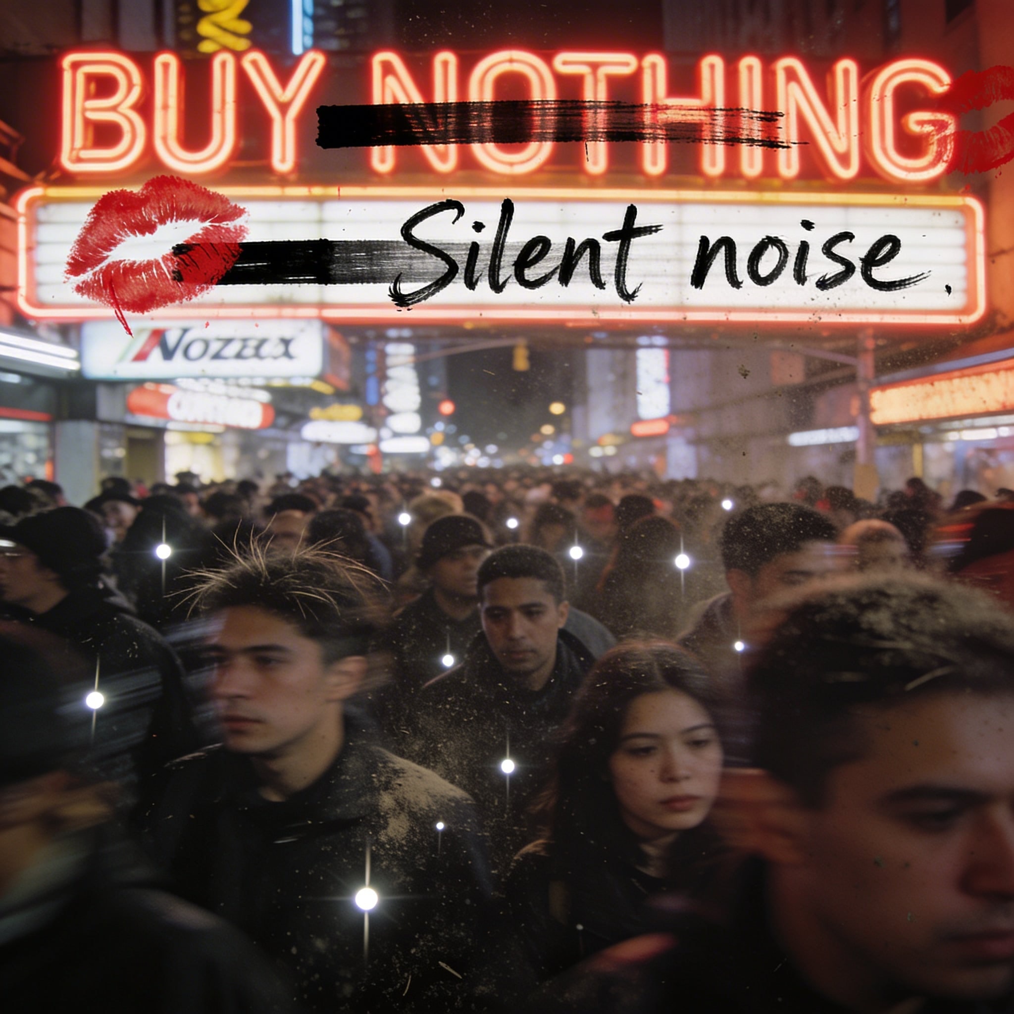 A busy nighttime crowd on Nanjing Road with blurred motion, damaged film with pinholes, and censored neon signs.