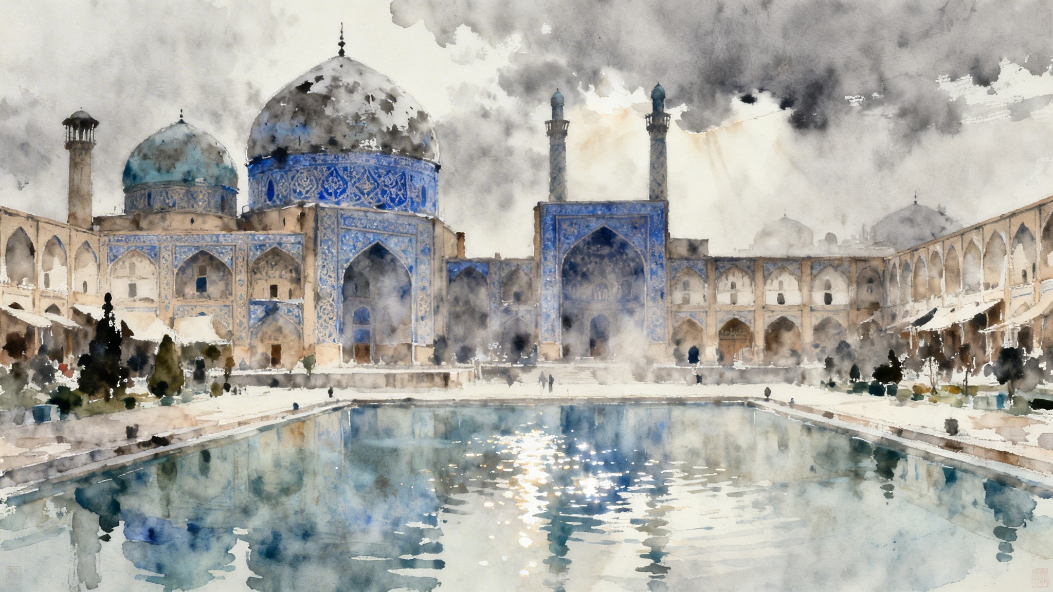 Watercolor and ink painting of Naqsh-e Jahan Square with blue mosque domes under a grey sky reflected in a central pool.