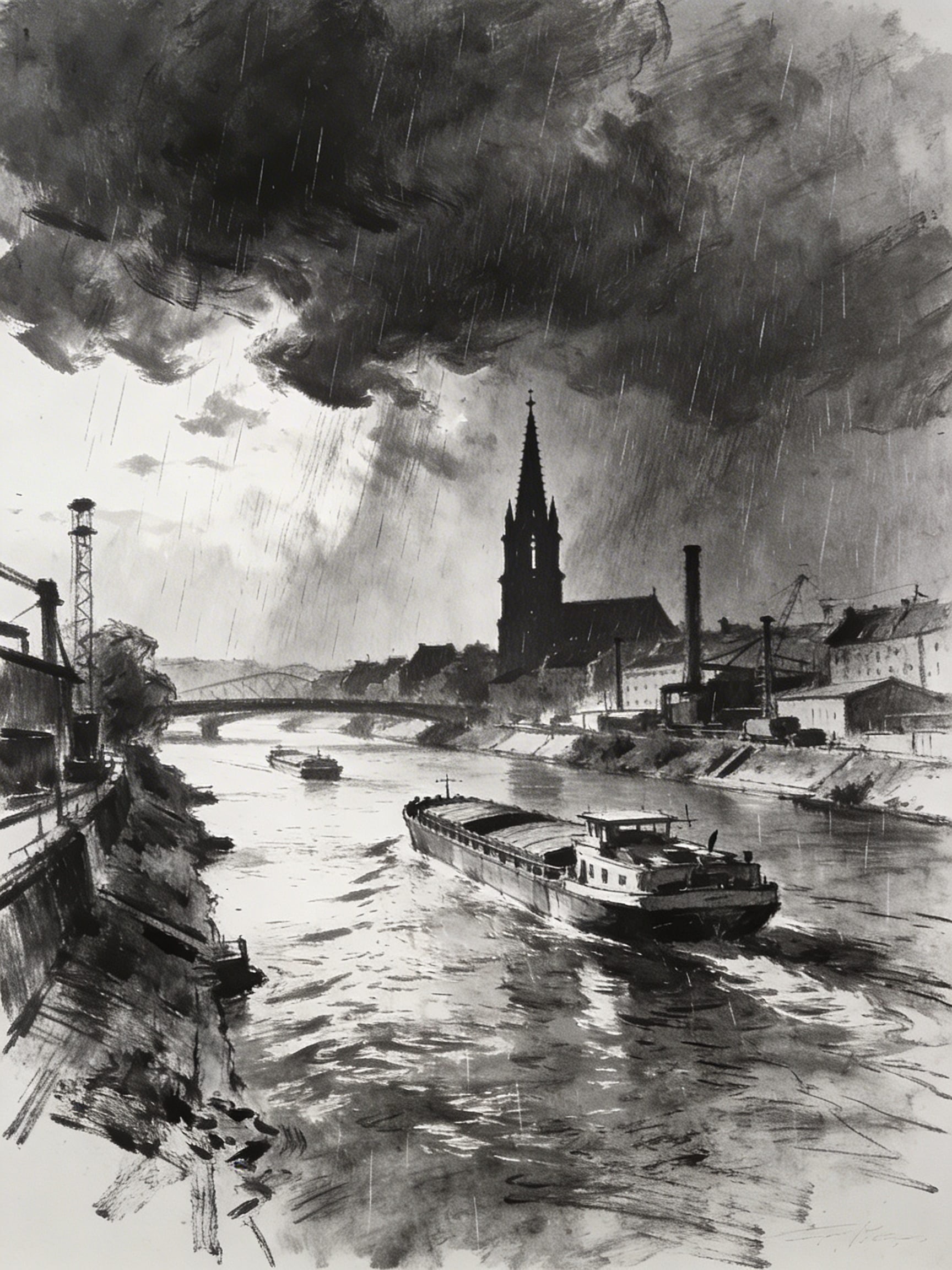 Charcoal sketch of industrial riverbanks and barges on the Neckar in Heilbronn during a storm