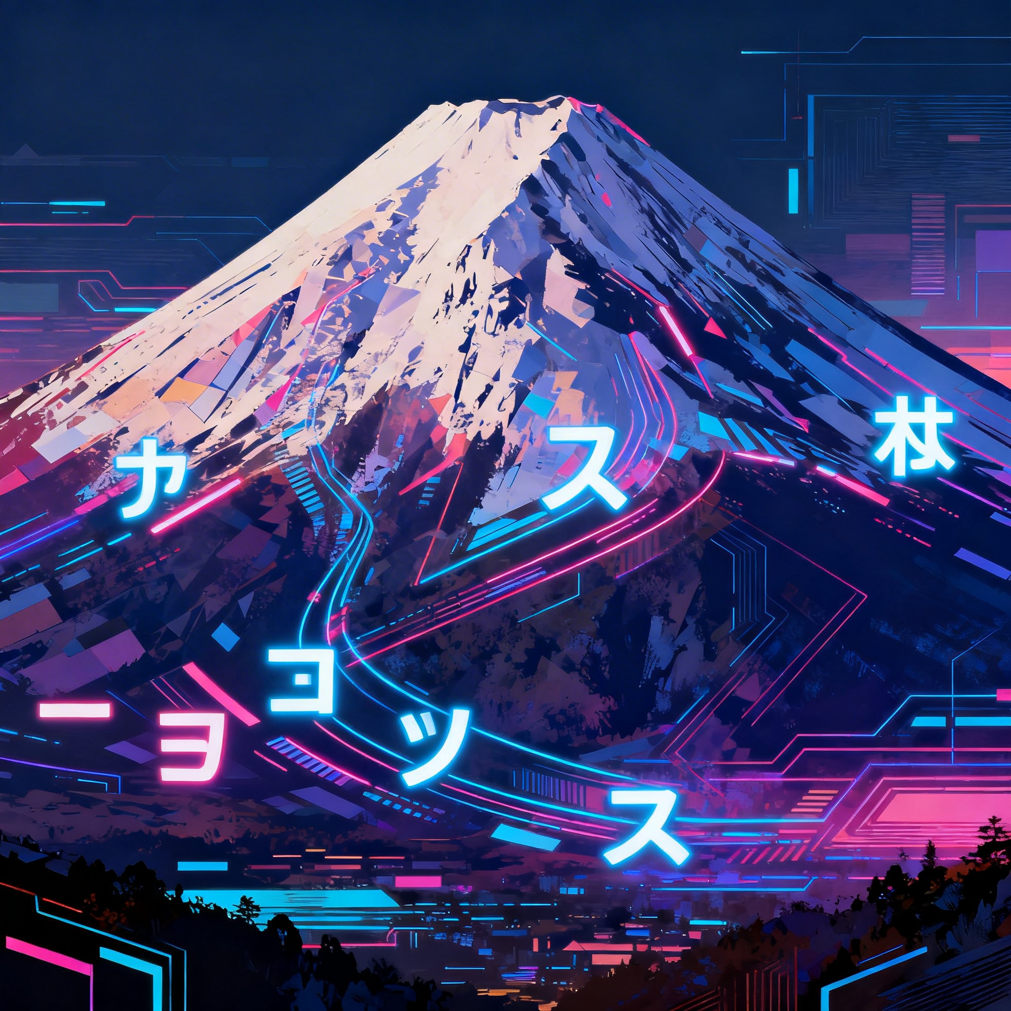 A neo-futuristic digital painting of Mount Fuji featuring Japanese calligraphy and symbols