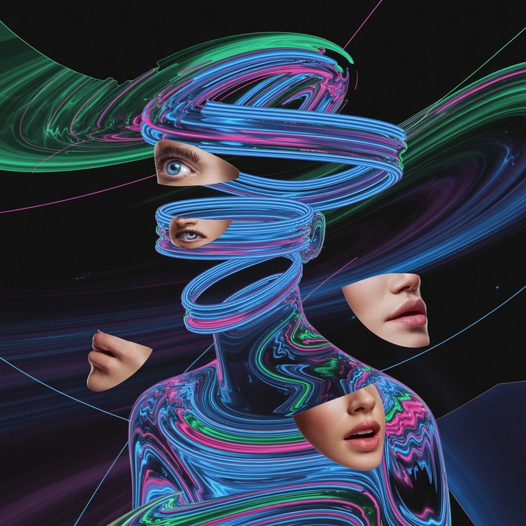 Abstract surreal portrait of a human figure deconstructed into neon light trails and glitching paint textures