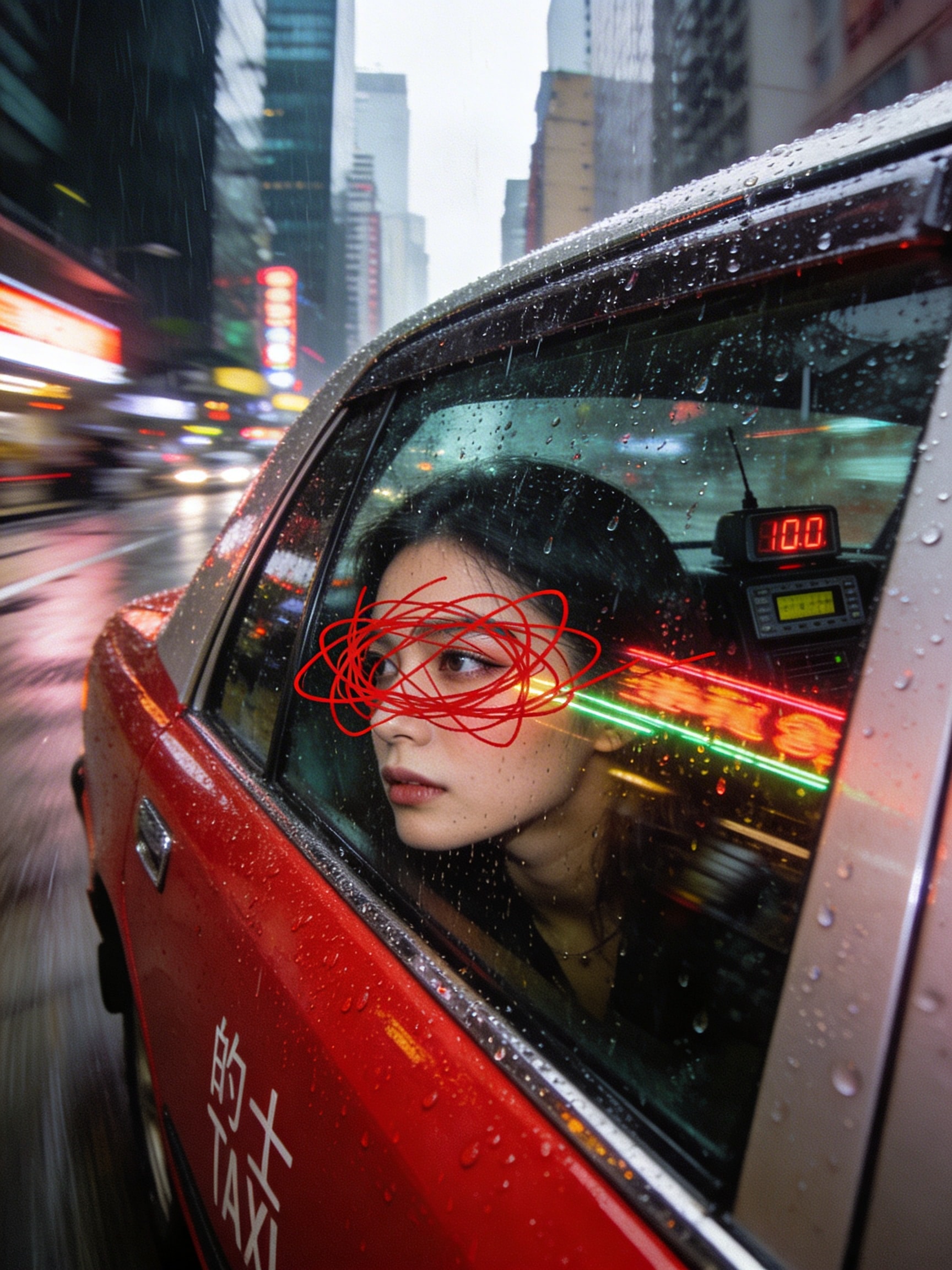 Woman gazing out a red Hong Kong taxi window in the rain, with neon reflections and sharpie scribbles.