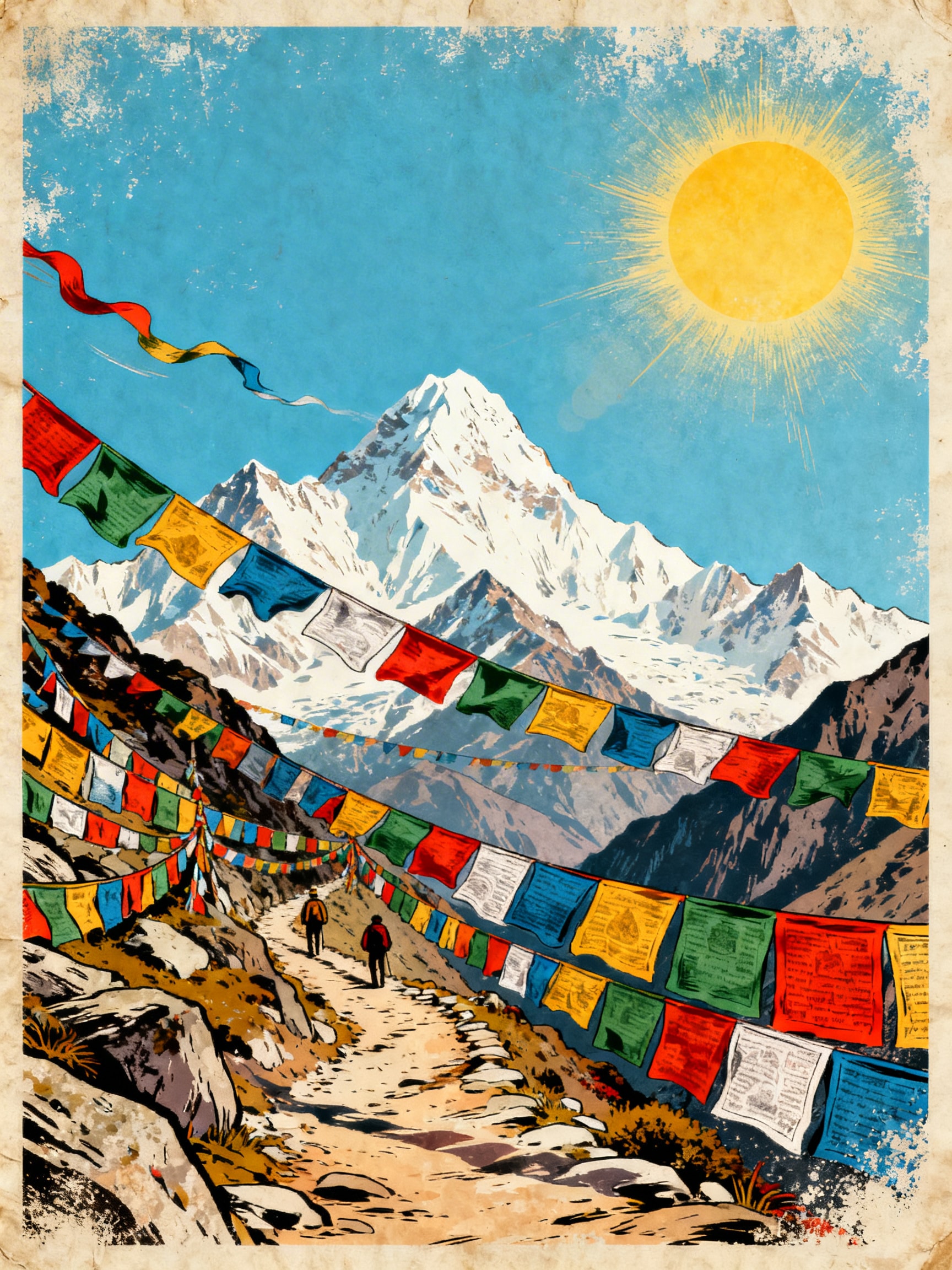 A bright 1970s-style poster illustration of a Nepalese mountain pass with colorful prayer flags and white Himalayan peaks.