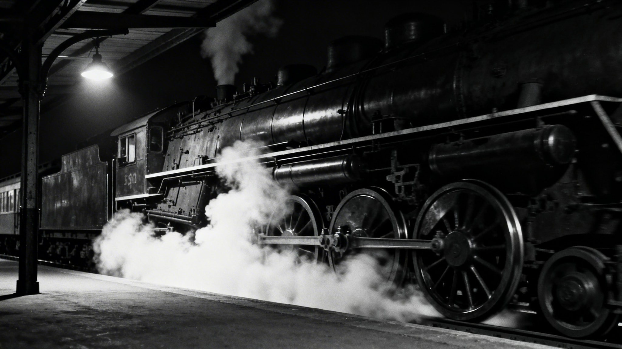 Black and white photo of a steam locomotive at night, with swirling steam illuminated by a platform light.