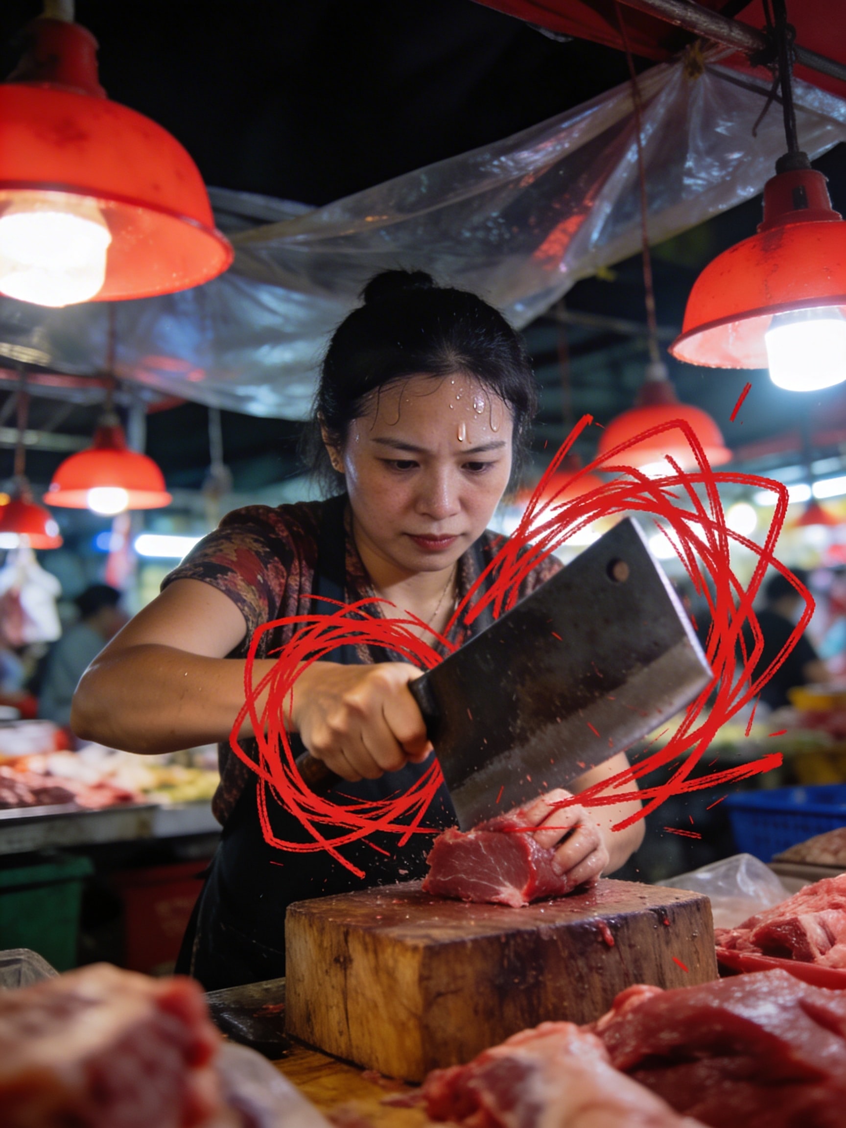 Candid photo of a woman chopping meat with a cleaver at a vibrant night market, highlighted by a red scribble.