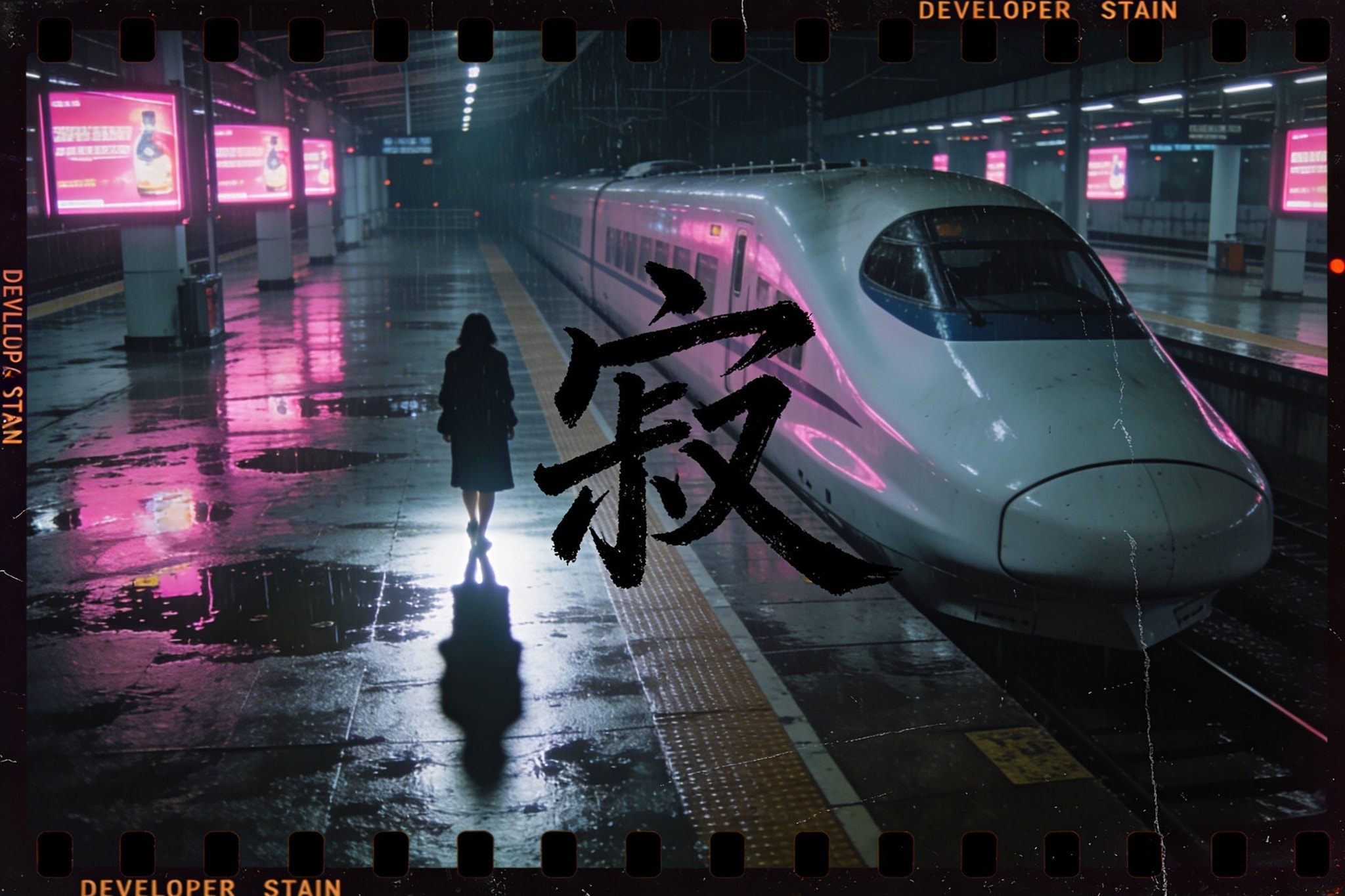 A panoramic Kodachrome-style photo of a white bullet train on a dark, rainy platform with neon reflections and graffiti.