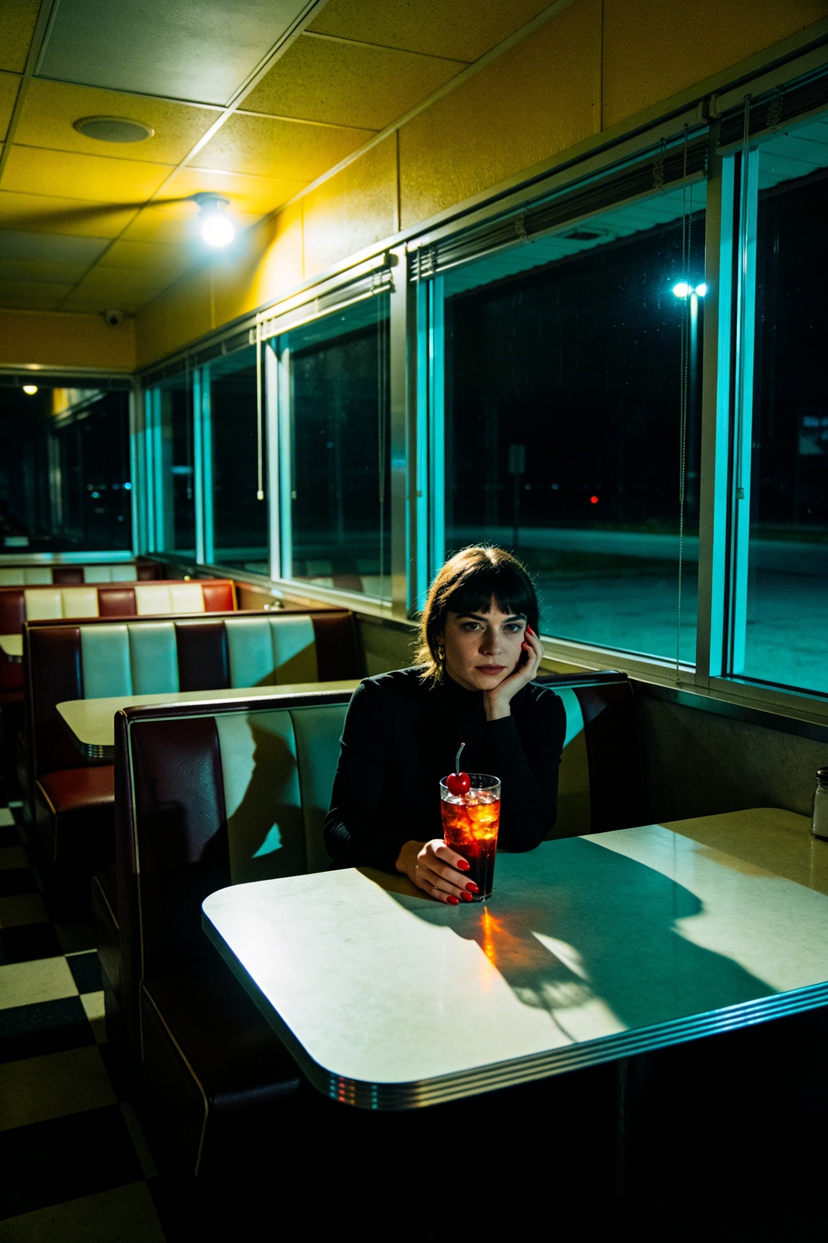 Woman in vinyl booth at night, lit by warm flash creating dramatic shadows, red nails and cherry soda pop with color.