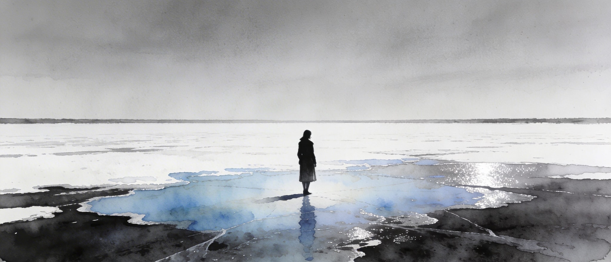 A woman standing on the frozen Volga River with a watercolor ice effect in a cinematic noir style