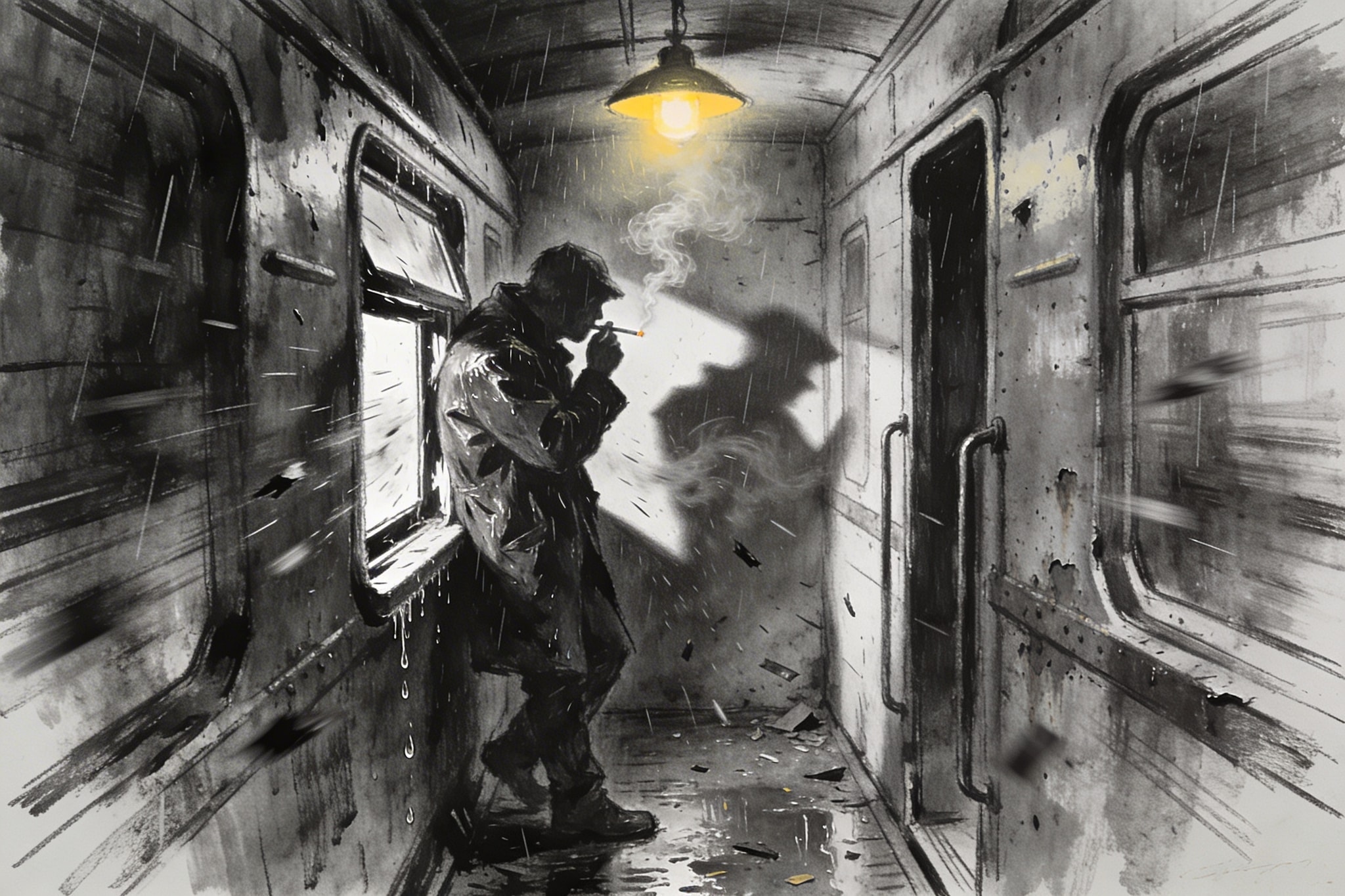 Charcoal sketch of a person smoking by a train window in a stormy, noir-style scene