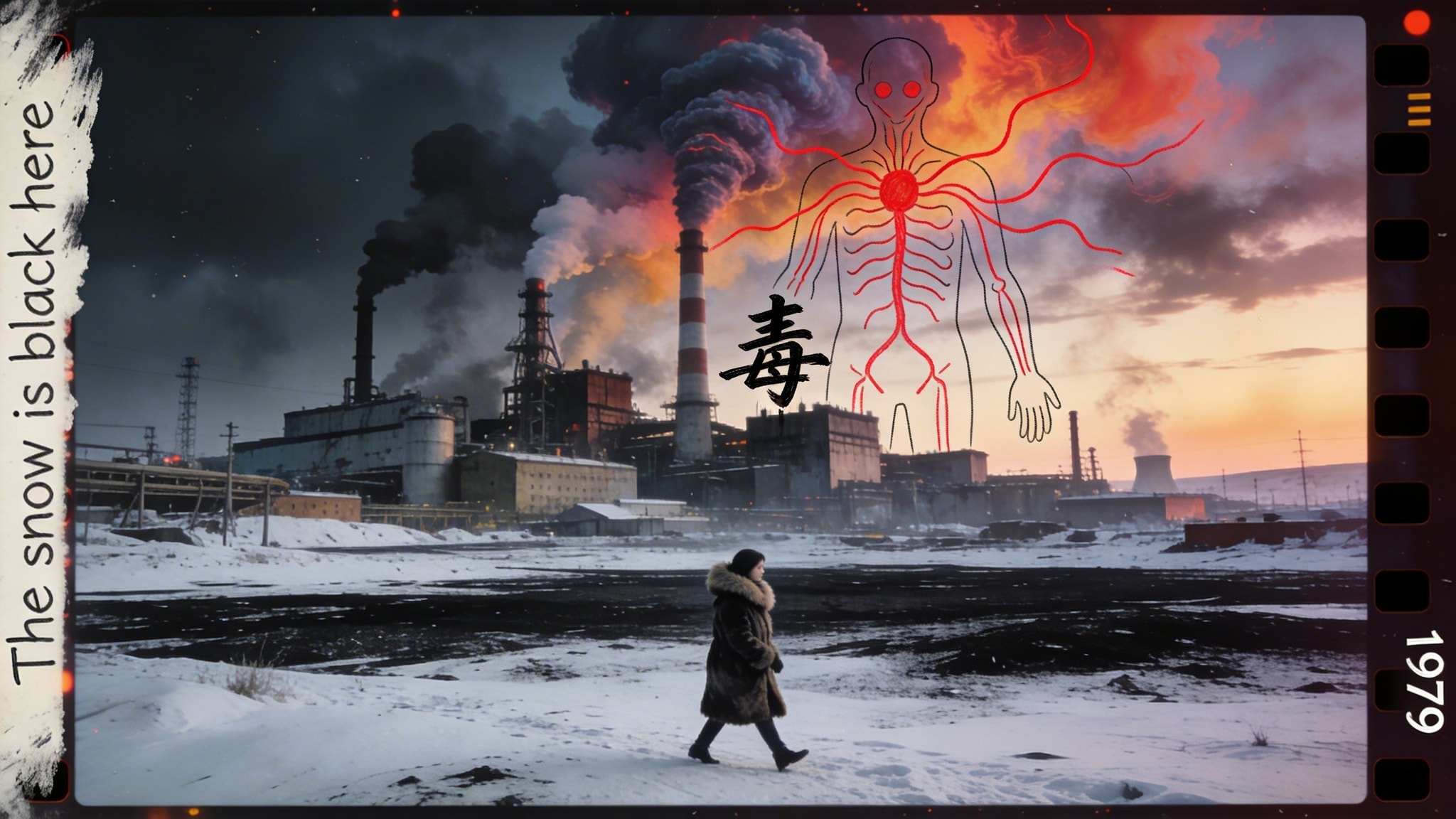 Aerial view of Norilsk's factory chimneys emitting colored smoke into a twilight sky, with red Sharpie lines and a poison character overlaid on the scene.