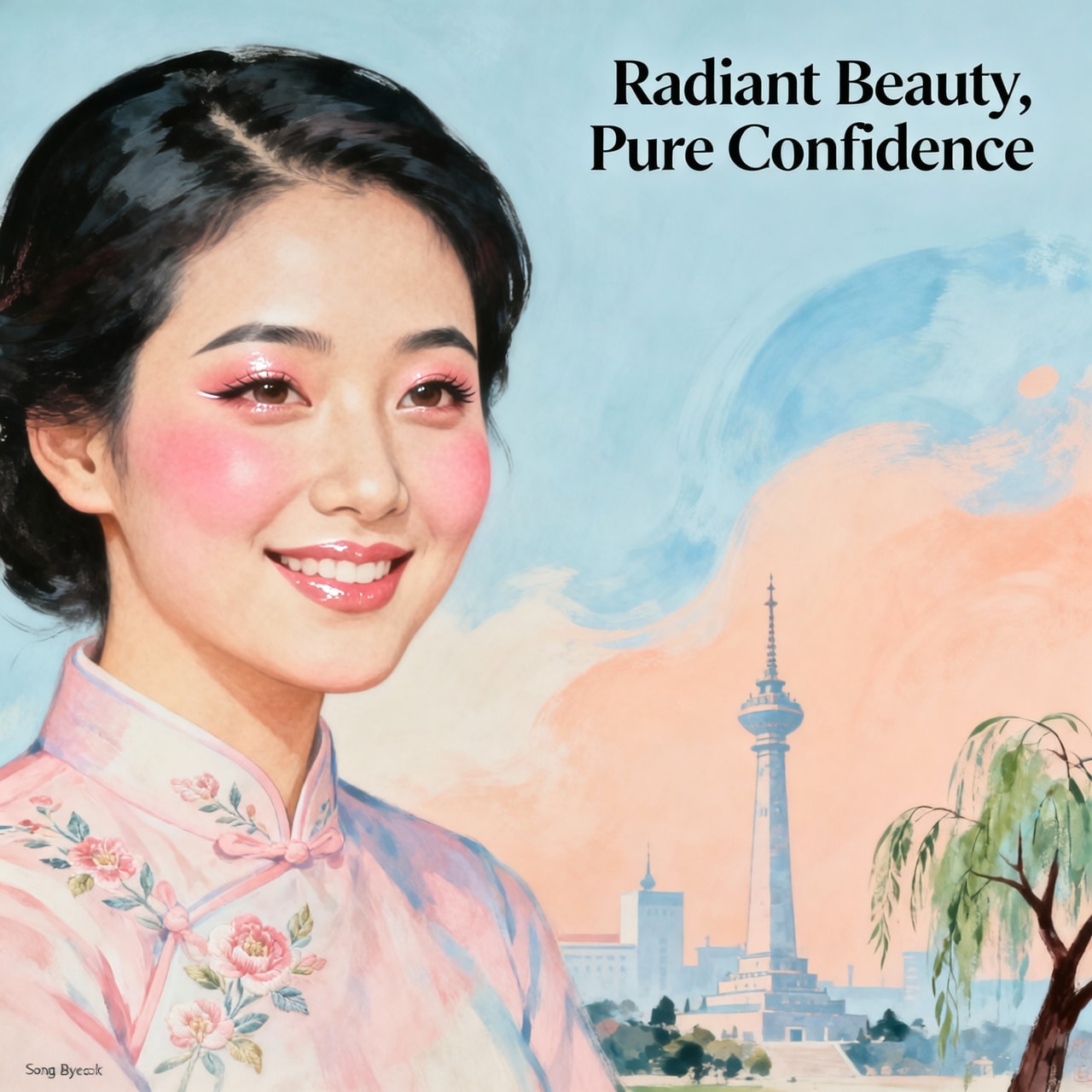 A painting-style advertisement featuring a friendly North Korean woman showcasing makeup