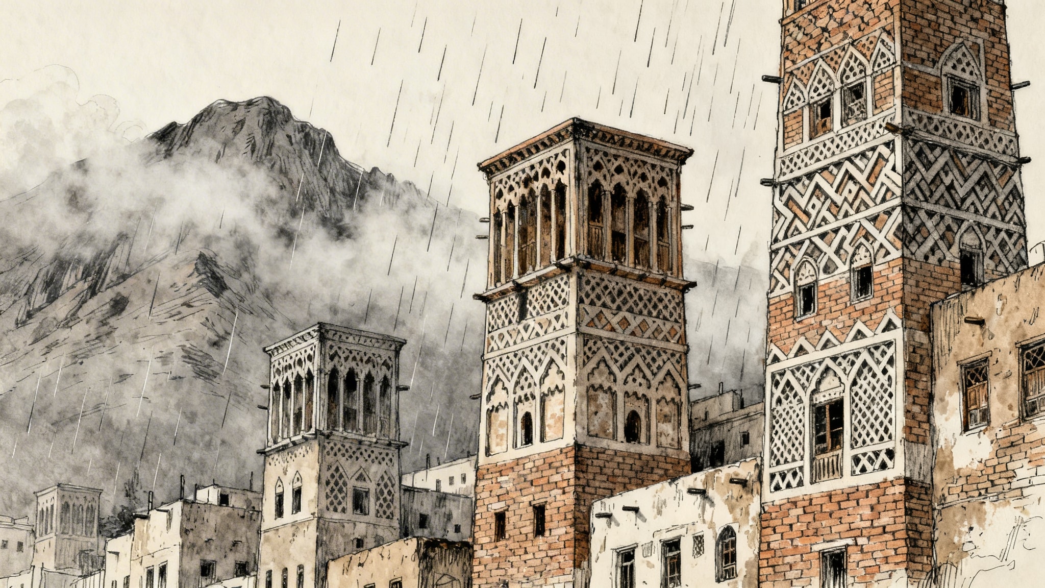 Intricate rough pen sketch of Old Sanaa's historic gingerbread tower houses in misty drizzle.