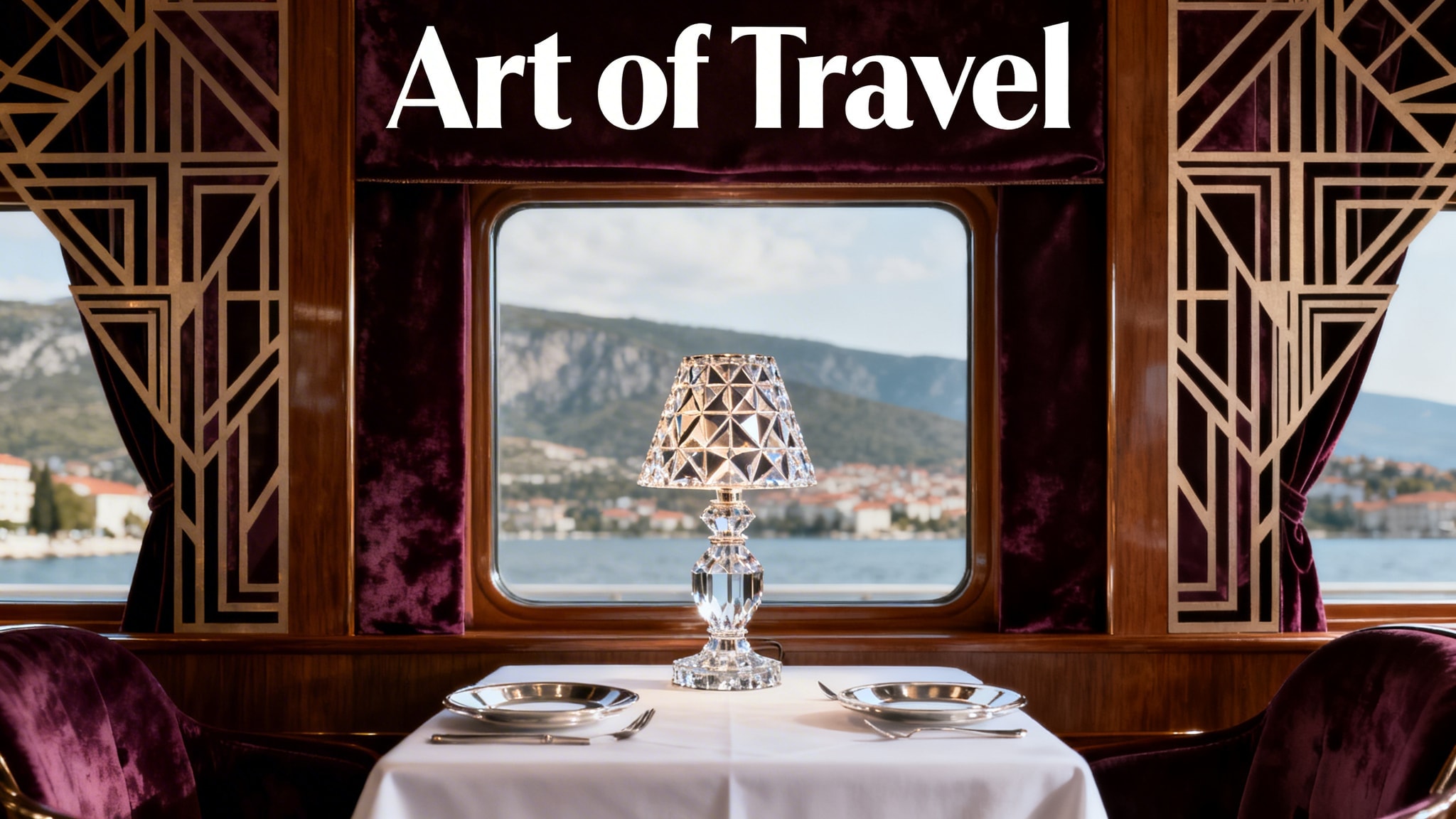 Art Deco poster of the Orient Express Lalique dining car interior with crystal lamp and silver service