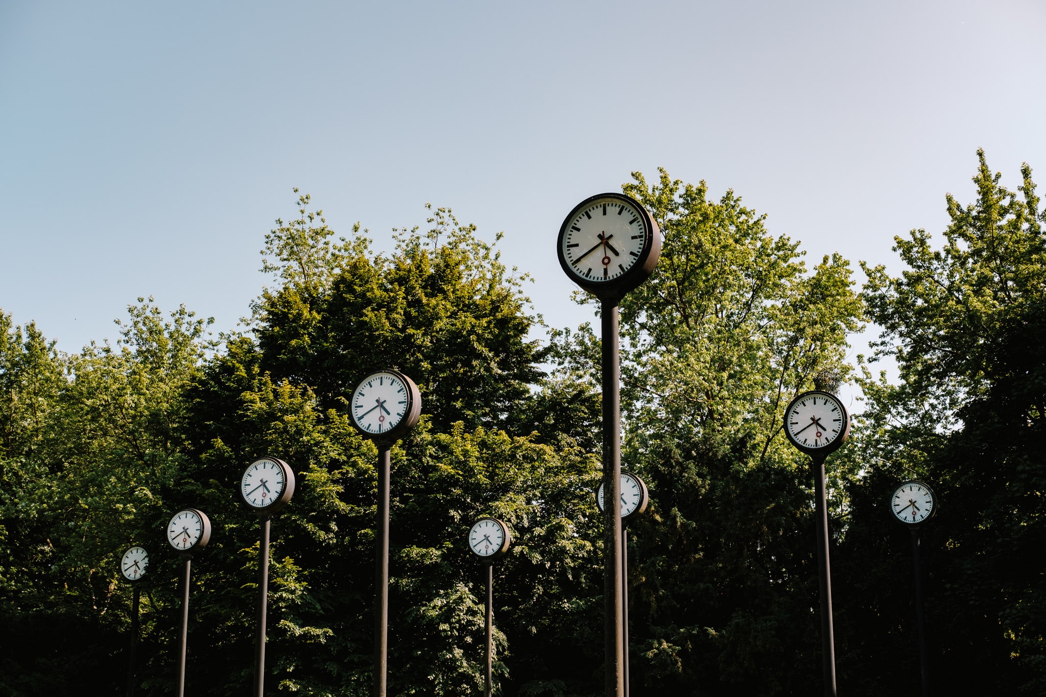 Multiple analog station clocks on tall poles against green trees and blue sky.