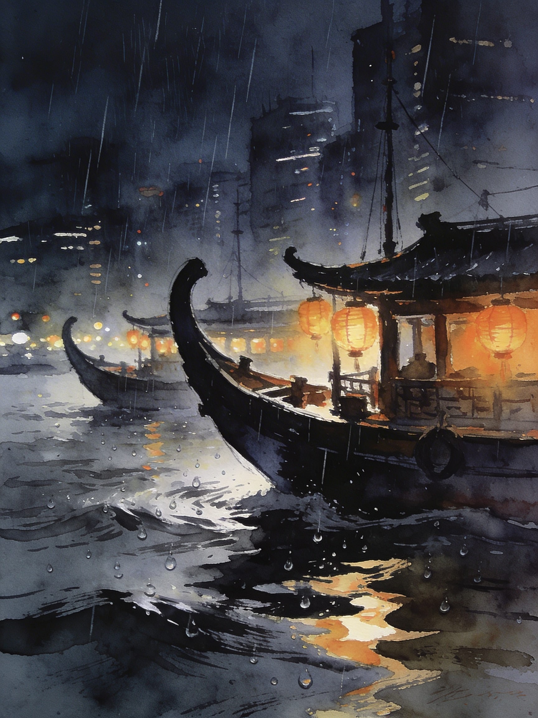 Moody watercolor and ink illustration of traditional riverboats on the Pearl River at night during heavy rain
