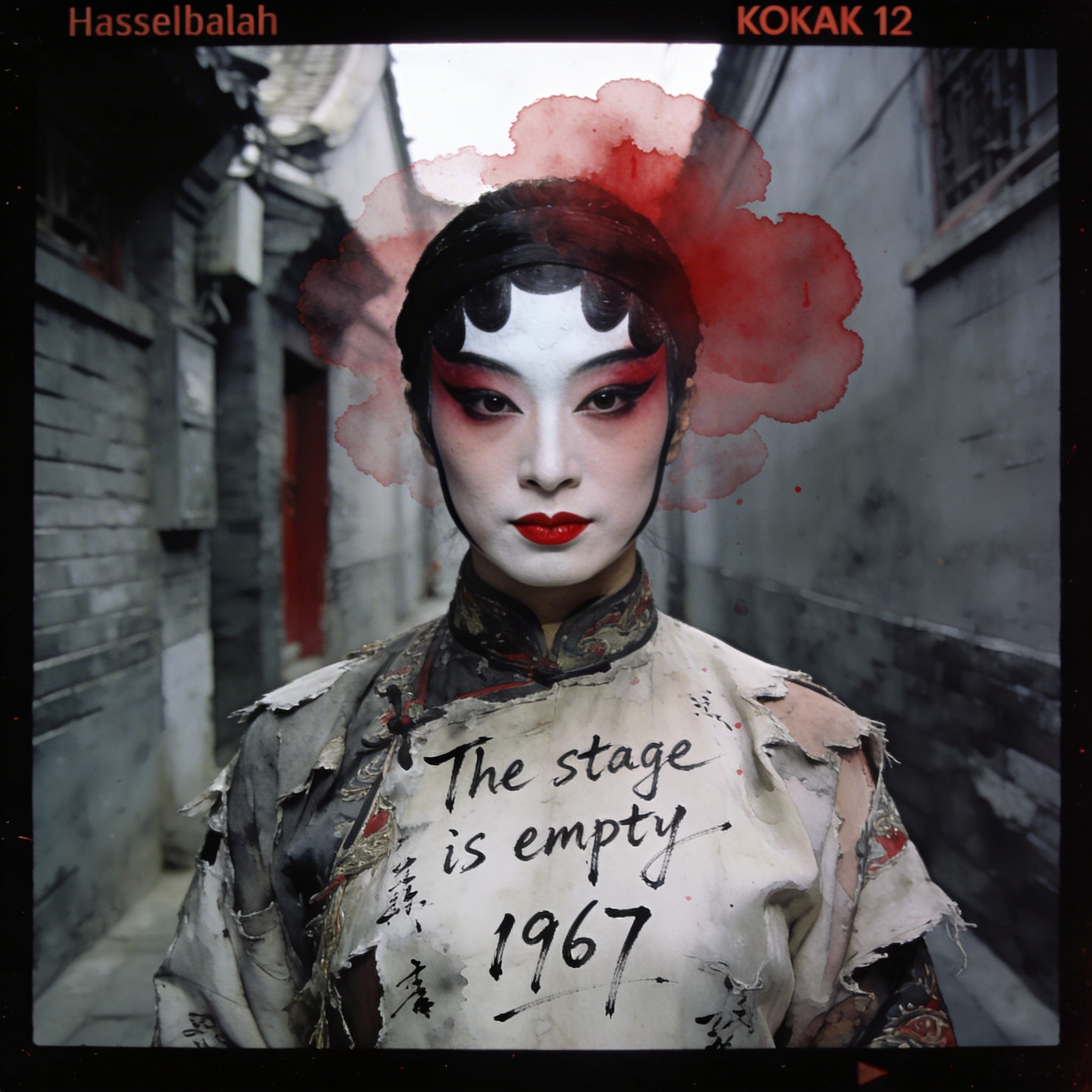 A woman in a tattered Peking Opera costume with heavy makeup stands in a narrow grey Beijing alleyway.