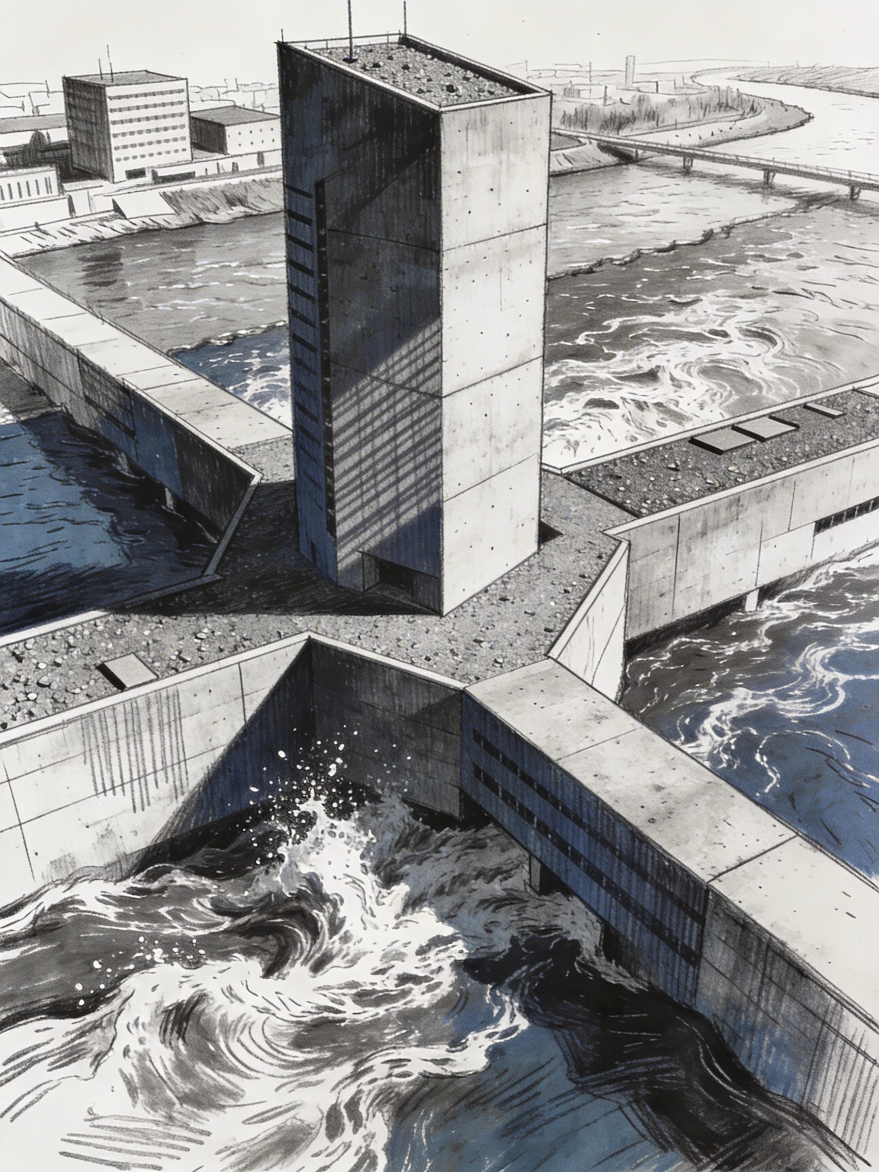 Rough line drawing of three rivers flooding in Pforzheim, showing turbulent water and 1960s concrete buildings.