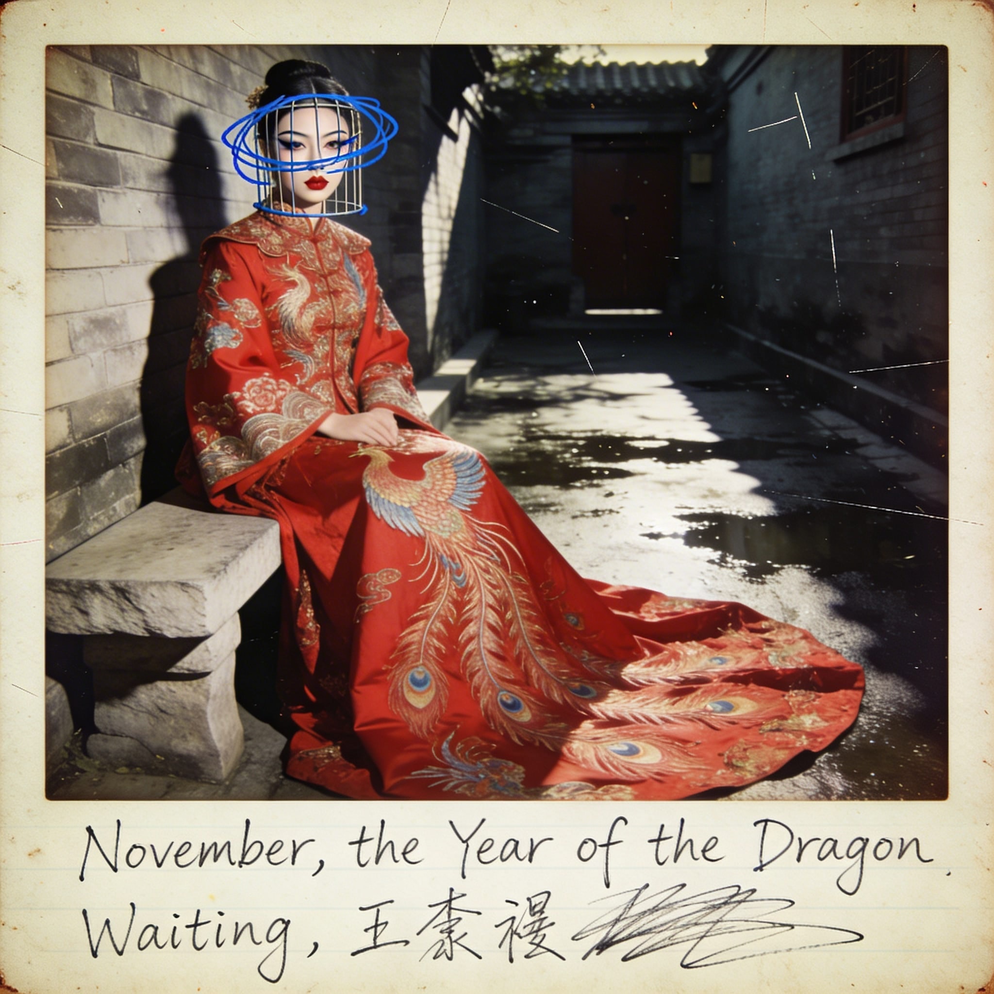 Woman in an embroidered red wedding dress sitting on a stone bench in a traditional Chinese courtyard, with aged film effects and pen scribbles around her eyes.