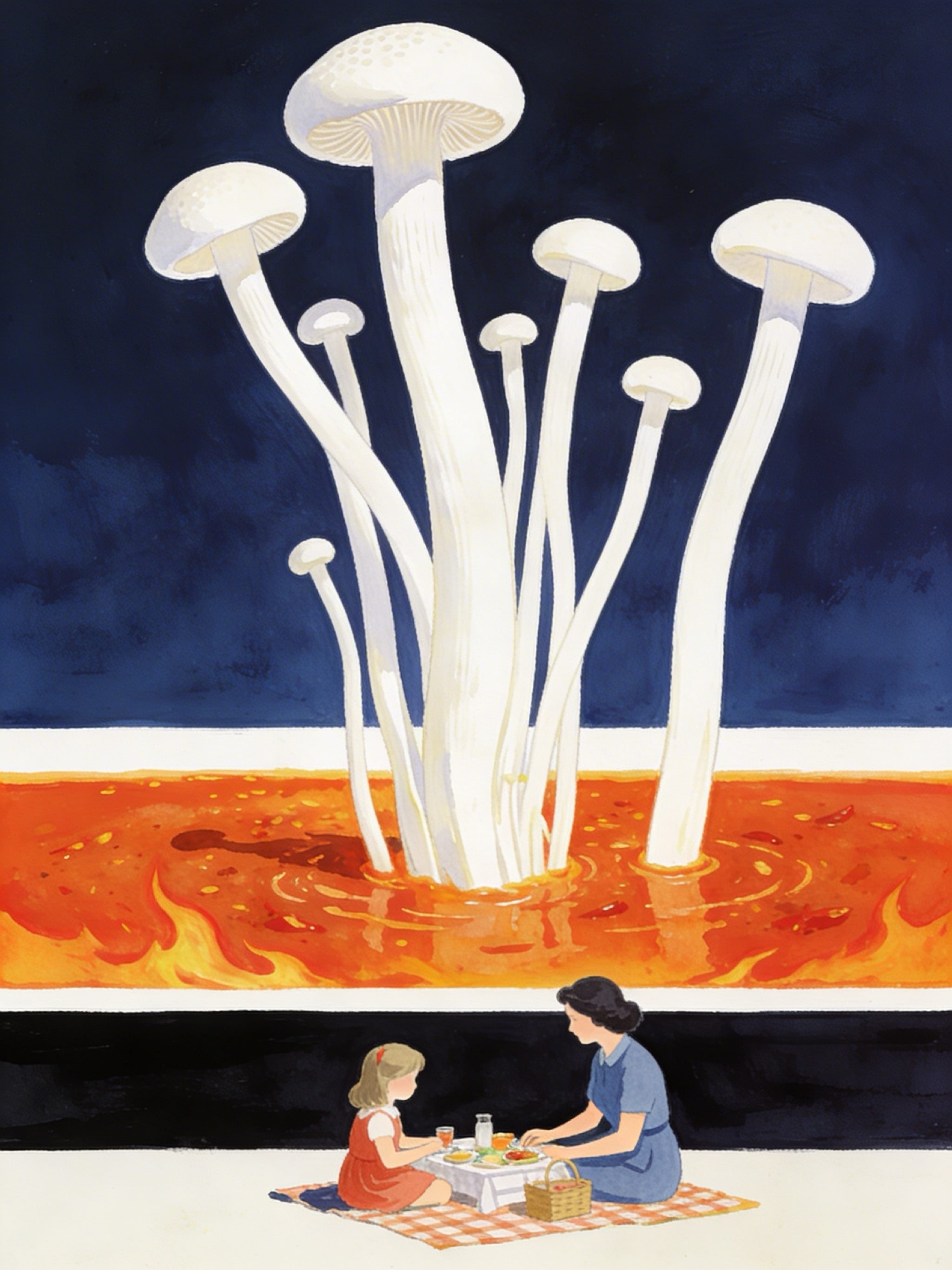 1950s Americana illustration of a mother and daughter picnicking under giant white mushrooms against a dark blue sky.