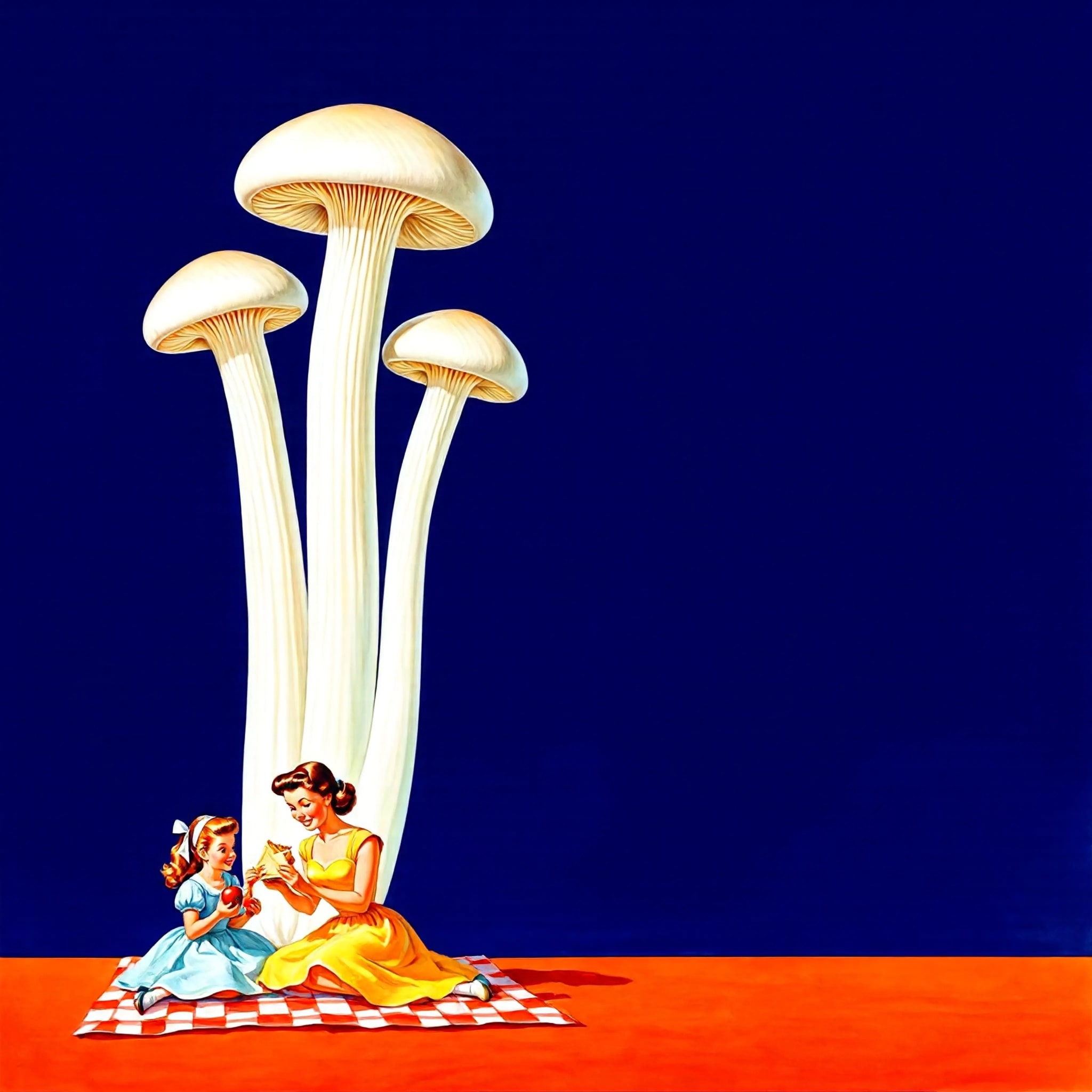 1950s Americana illustration of a mother and daughter picnicking under giant white mushrooms against a navy blue sky
