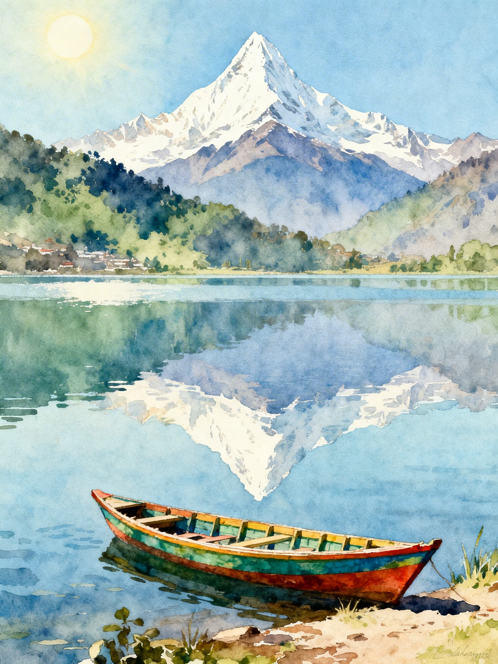 Watercolor travel poster of Pokhara with Phewa Lake, Machhapuchhre mountain, and a wooden boat
