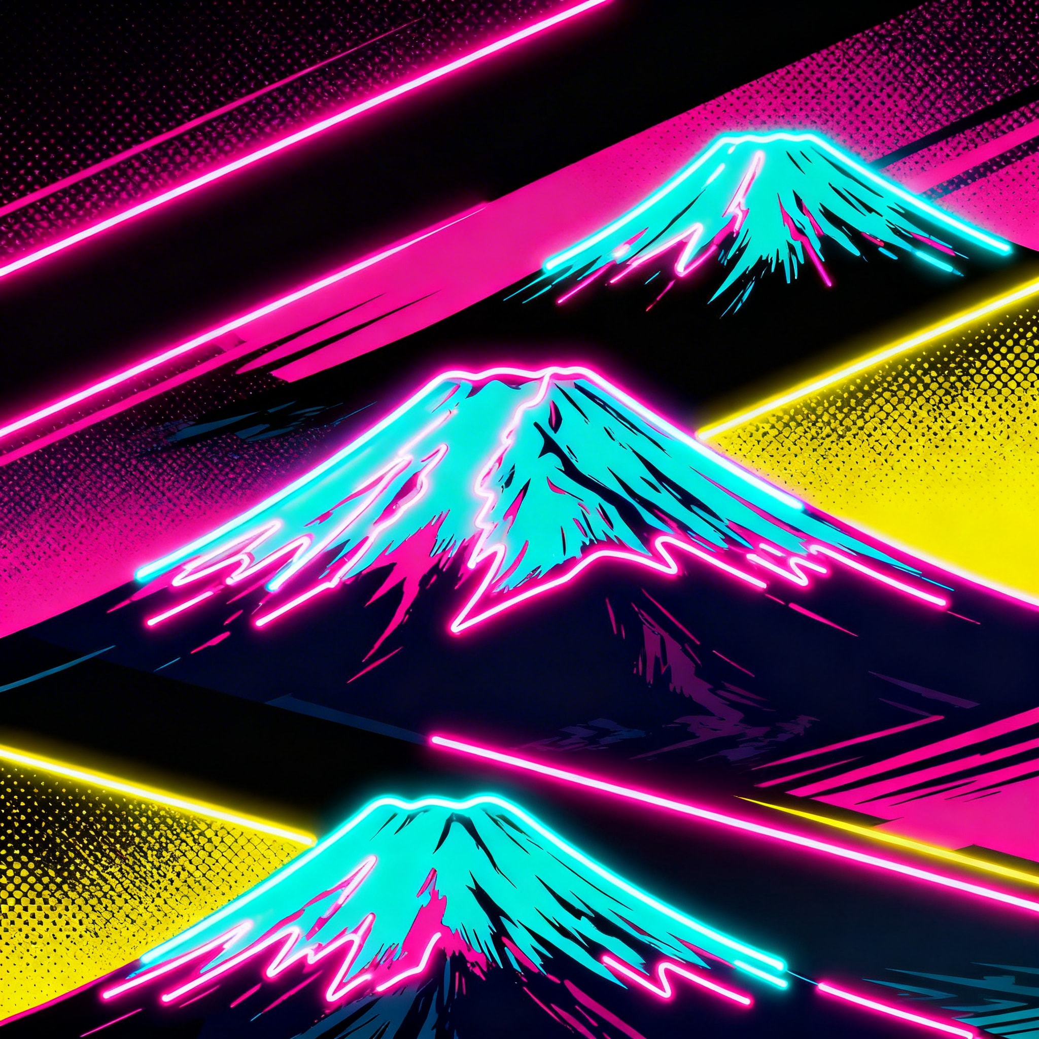 A vibrant pop art illustration of Mount Fuji in neon colors