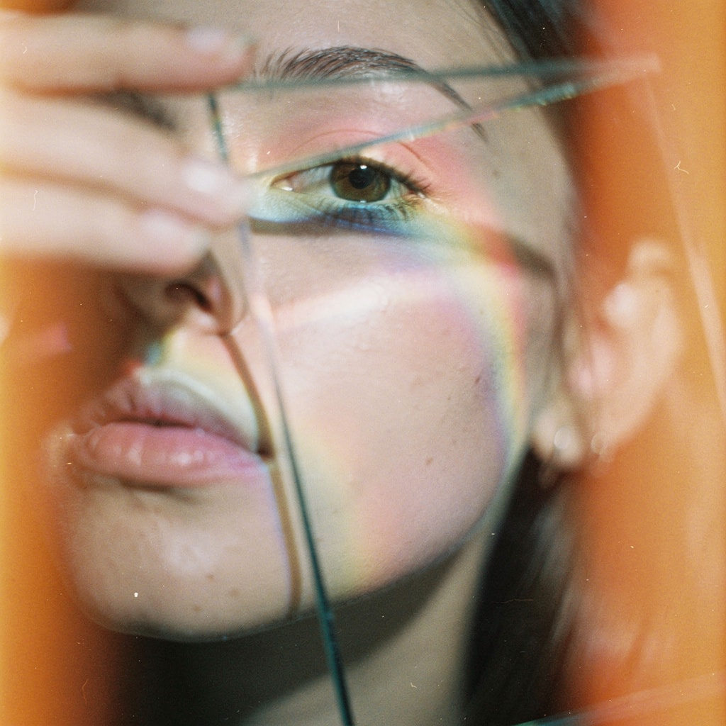 Abstract close-up portrait with prism scattering rainbows on skin, shot on expired 35mm film with warm light leaks and grain.