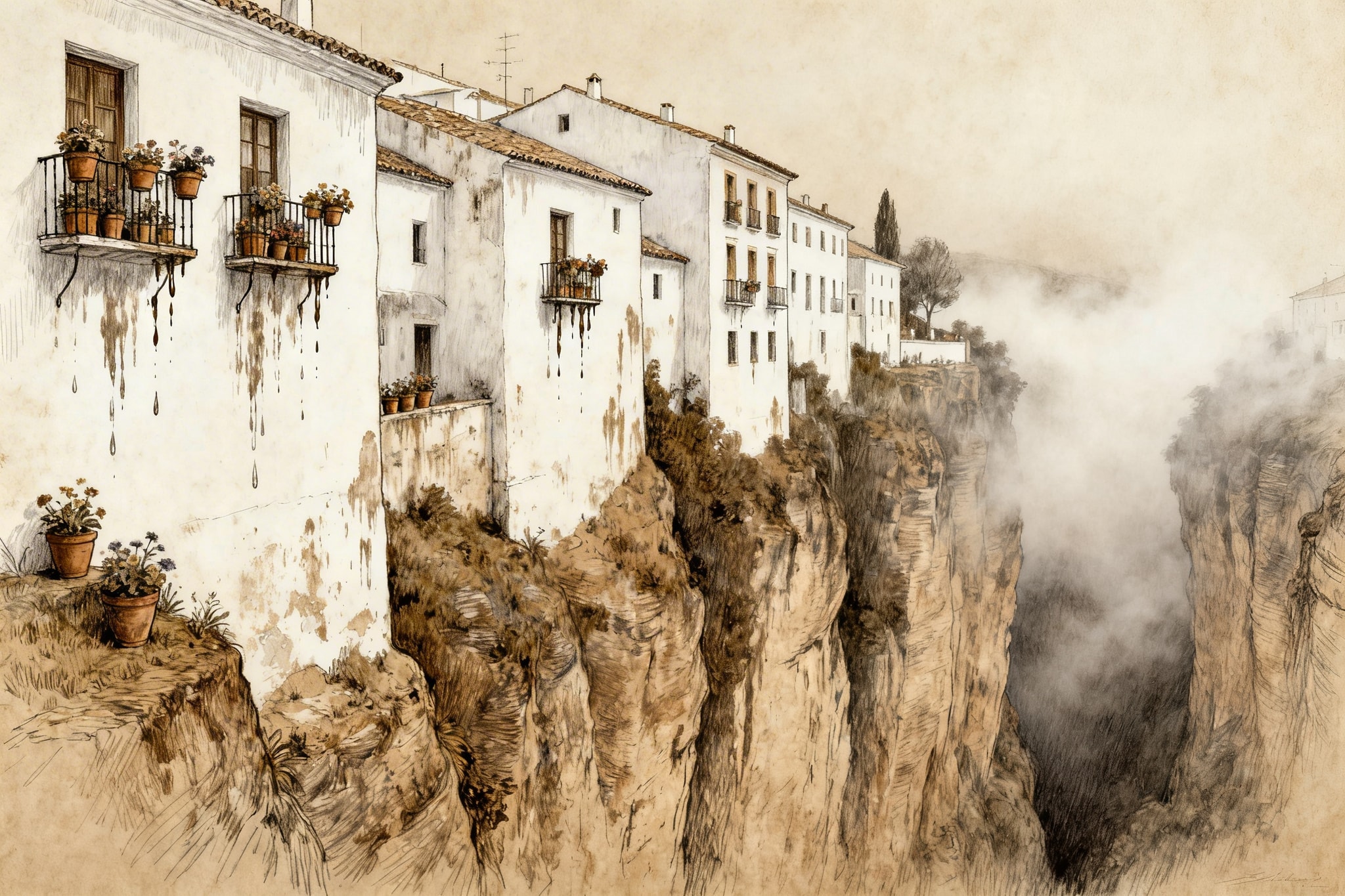 Vintage folk art drawing of a white Andalusian village on a cliff edge over a foggy gorge