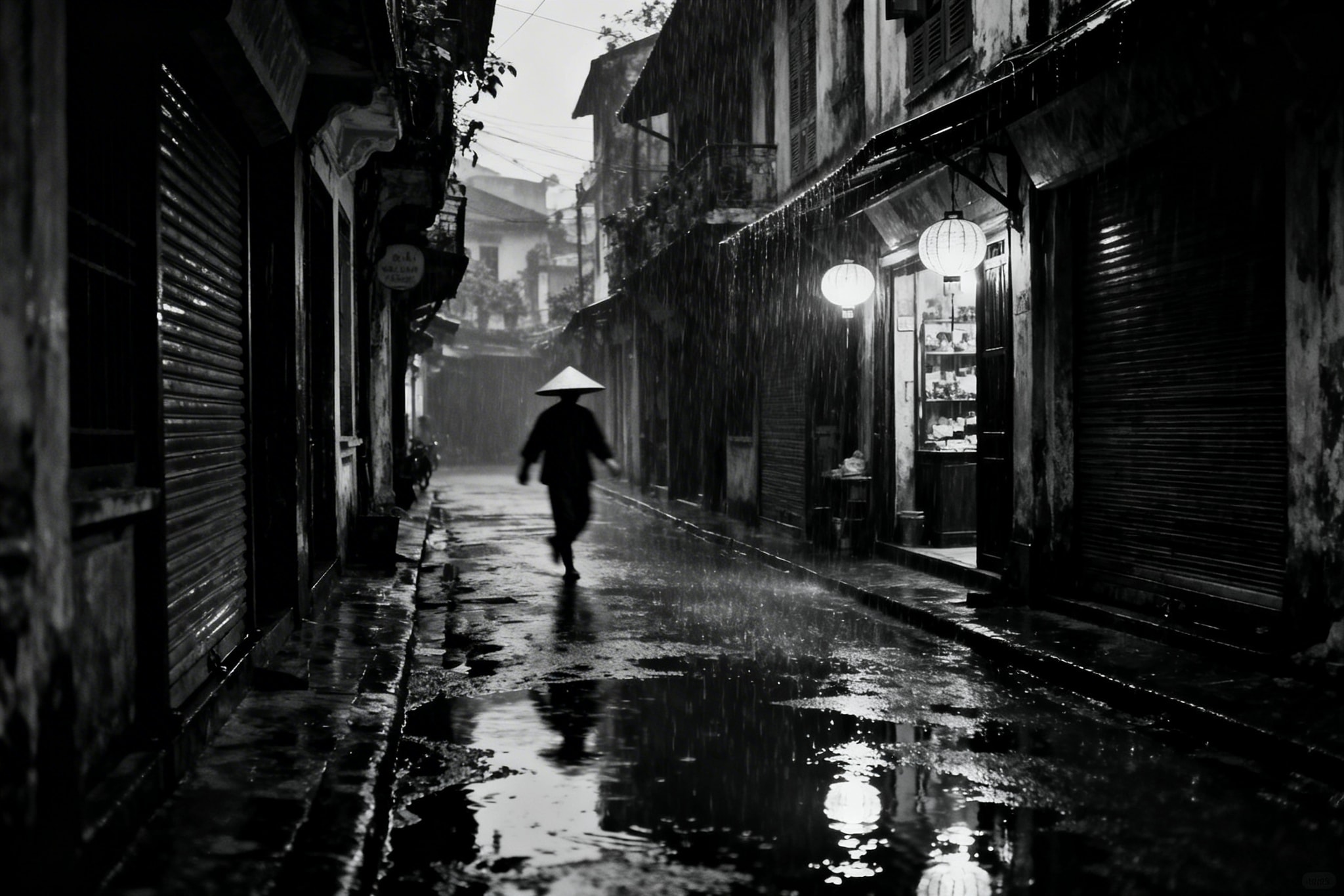 Person wearing a conical hat walking down a rainy narrow street with glowing lanterns in black and white.