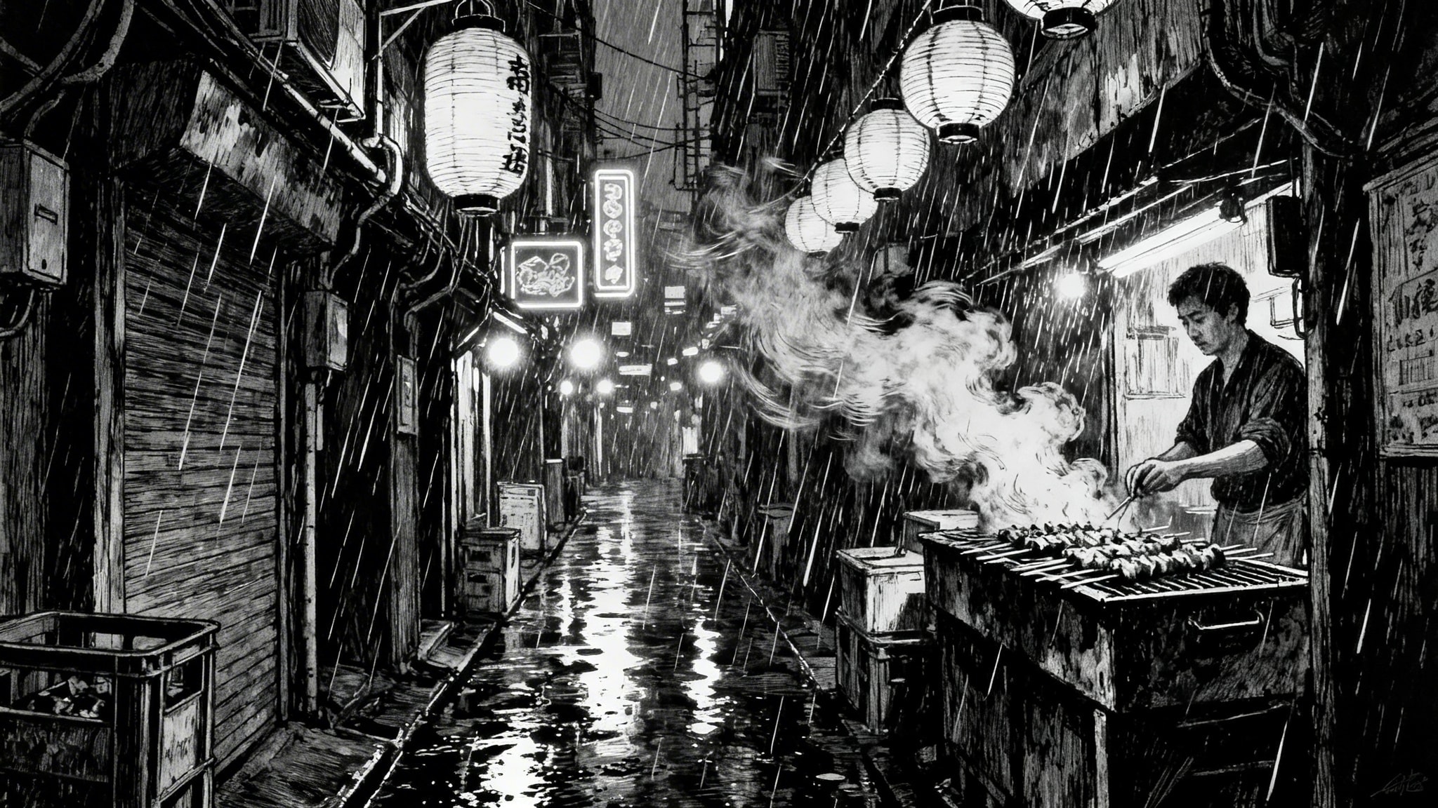 Rough ink sketch of a rainy, cyberpunk Shinjuku alleyway with lanterns and yakitori smoke