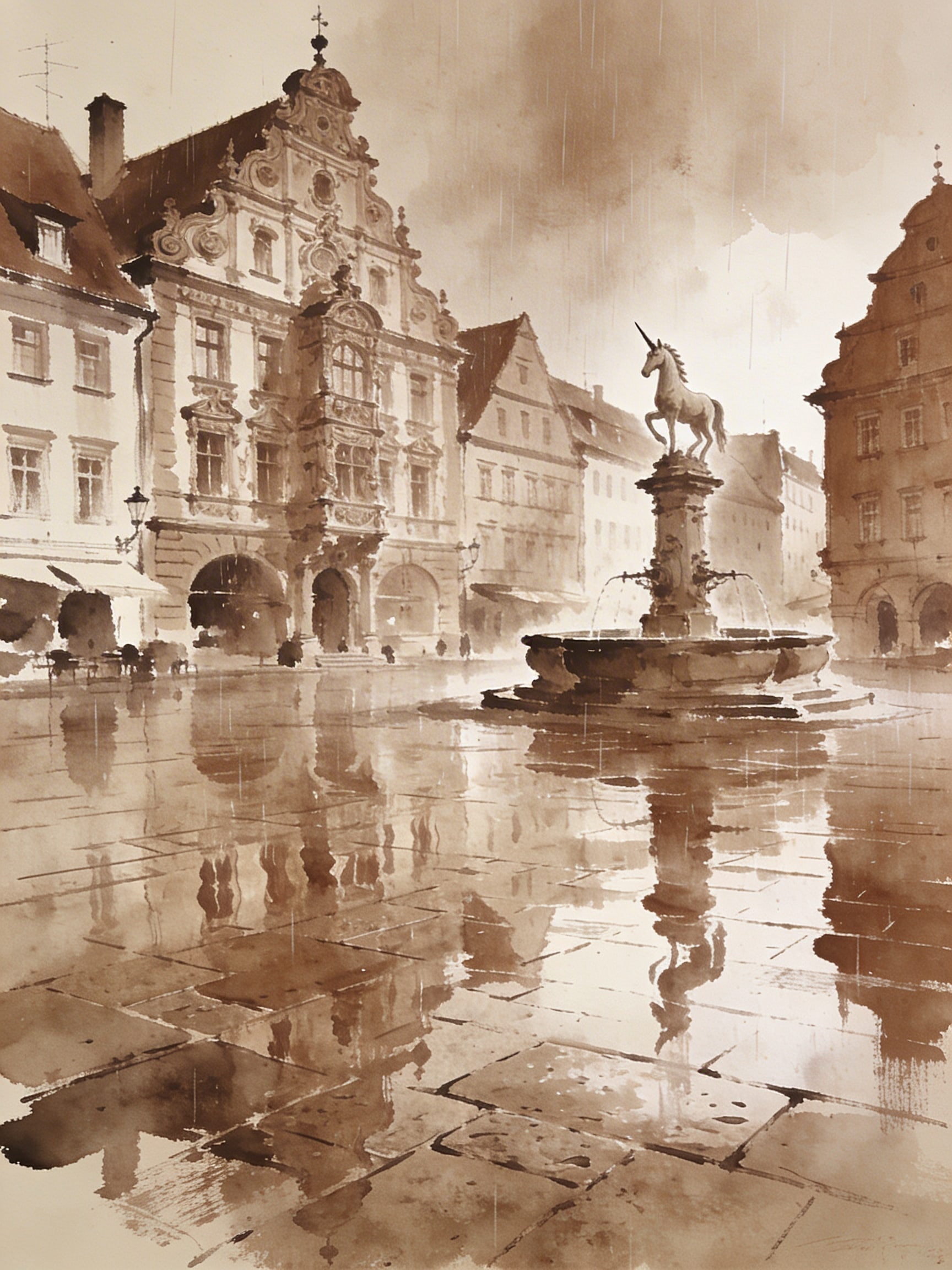 Sepia-toned ink wash illustration of a rainy Schwäbisch Gmünd market square with baroque architecture and the Unicorn fountain