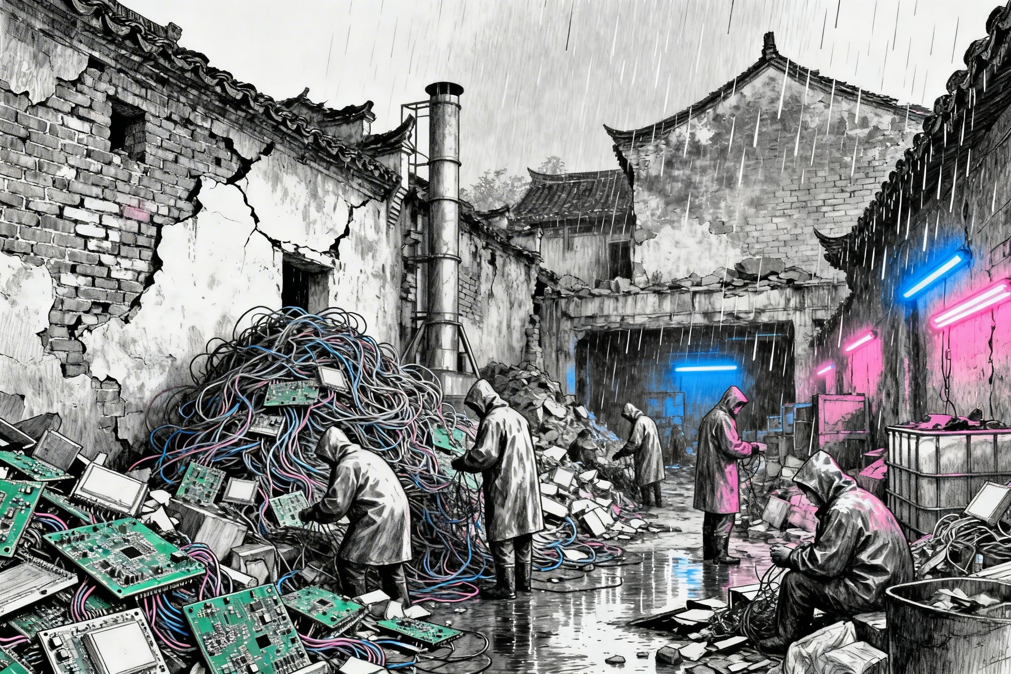 Detailed illustration of a recycling plant built into old village ruins, with piles of electronic waste, workers, and neon lights in the rain.