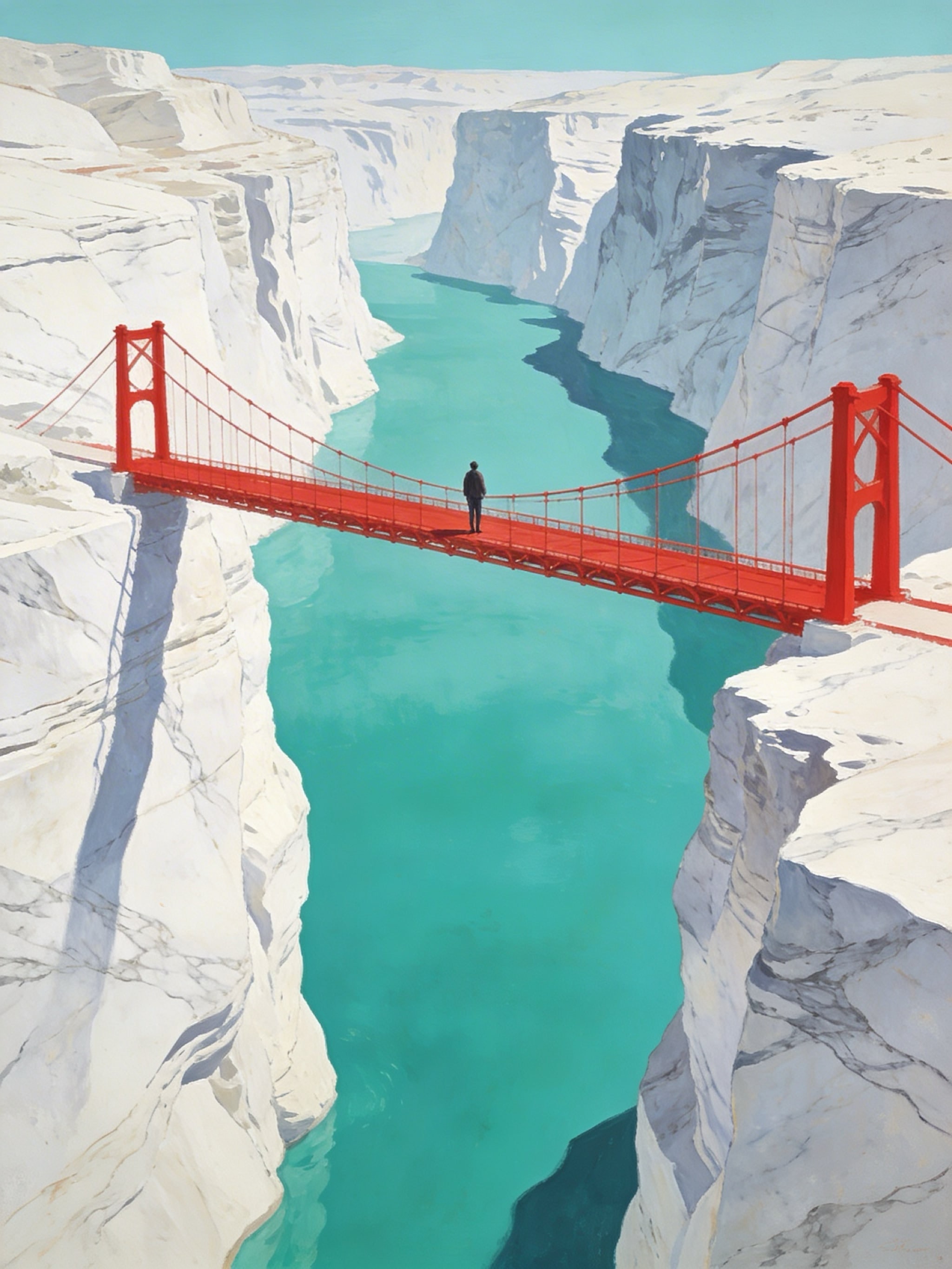 A person standing on a bright red suspension bridge over a deep white canyon with teal water below, in a mid-century Americana painting style.