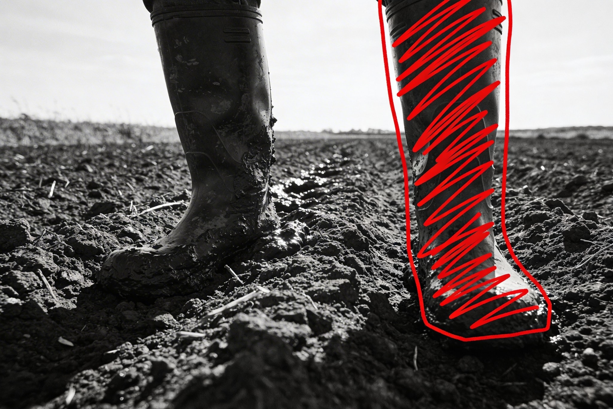 Black and white photo of muddy rubber boots in a field, outlined and edited with a red sharpie line.