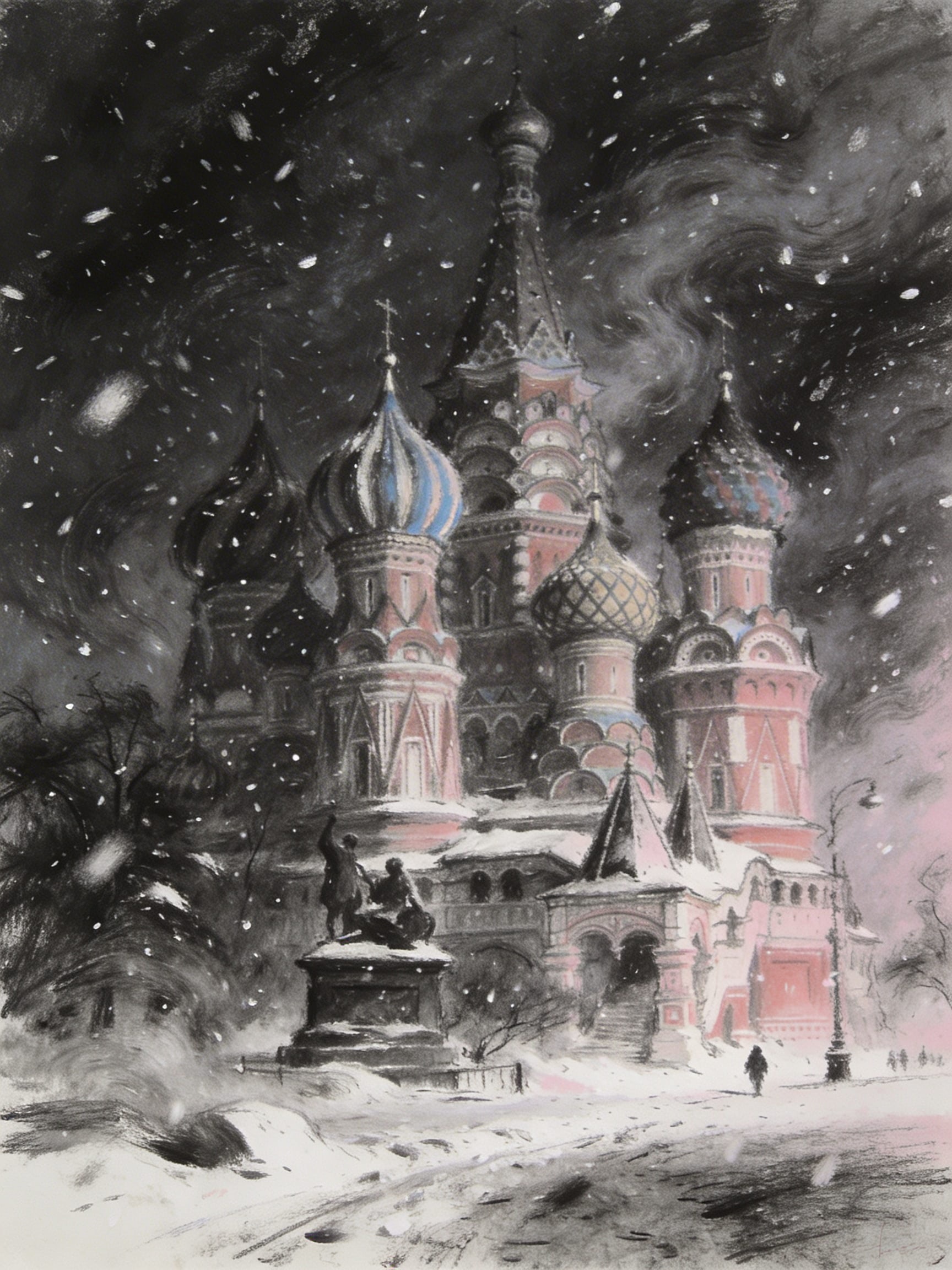 Dark, moody pastel and charcoal drawing of Red Square and St. Basil's Cathedral in a winter blizzard