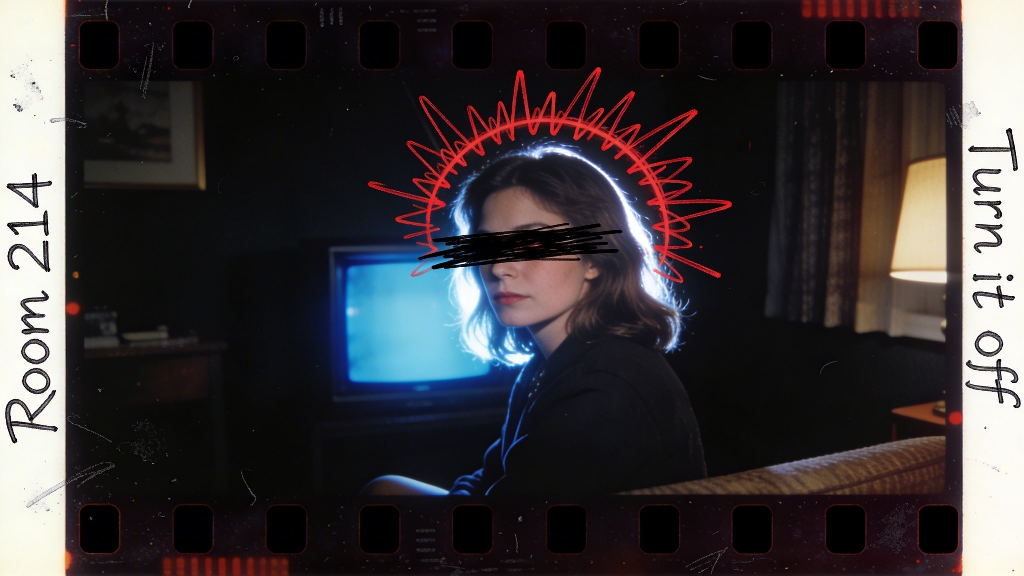 Moody 1974 Kodachrome portrait of a woman with redacted eyes in a dark motel room, lit by a blue flash.