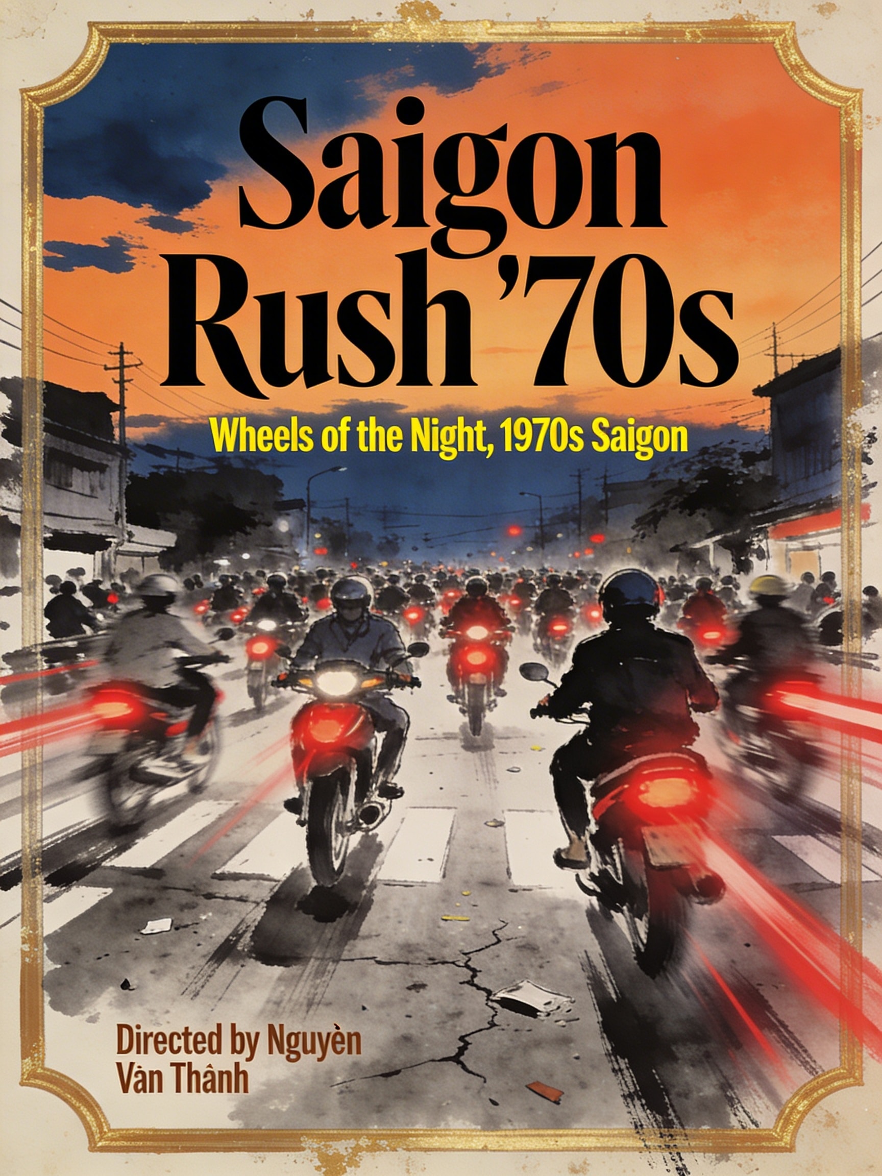 Retro 1970s cinematic poster of motorbikes in Ho Chi Minh City at dusk