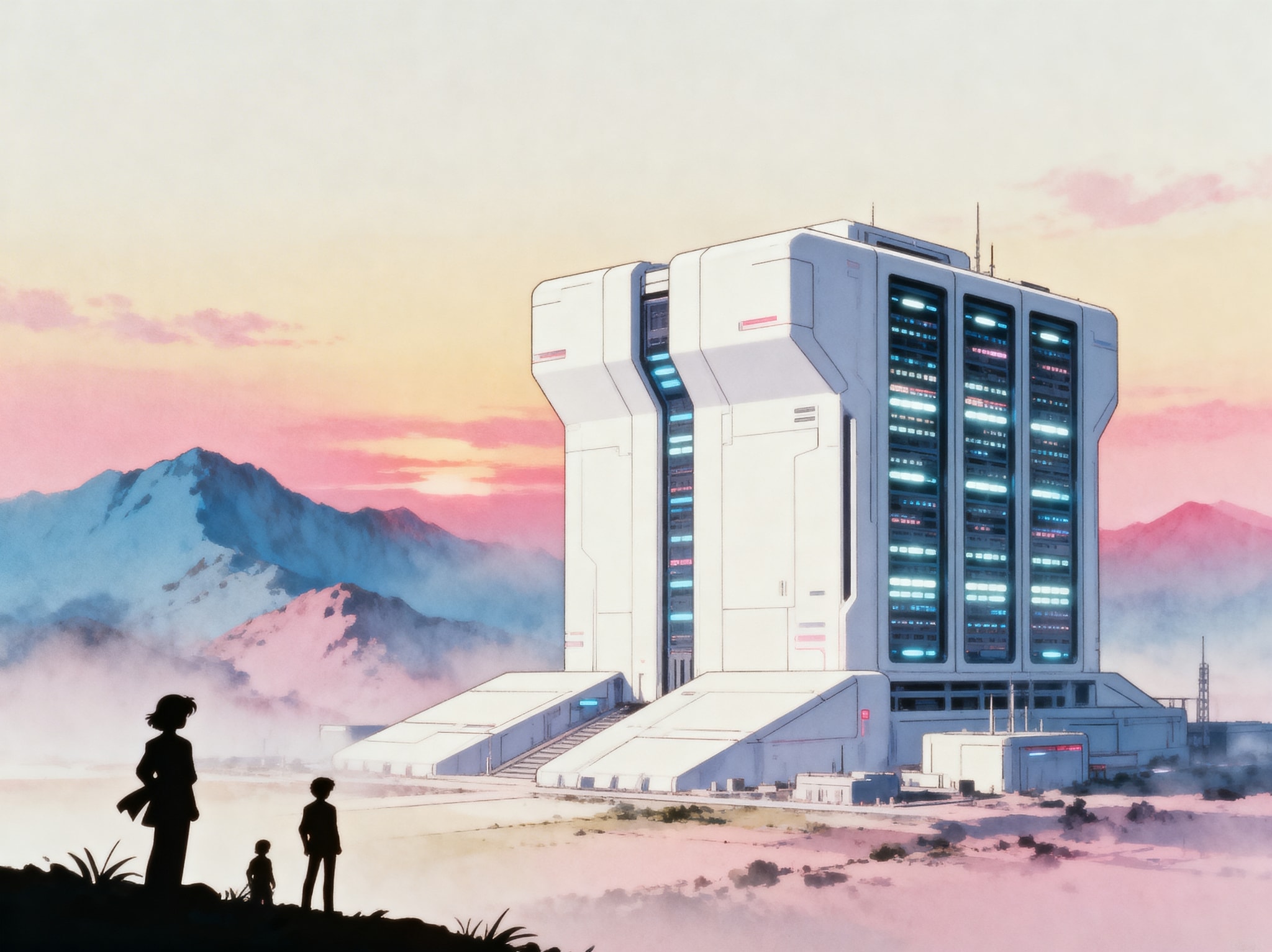 A giant white futuristic AI datacenter in a soft pastel 1970s retro anime style landscape with a nostalgic, dystopian atmosphere and vintage film grain.