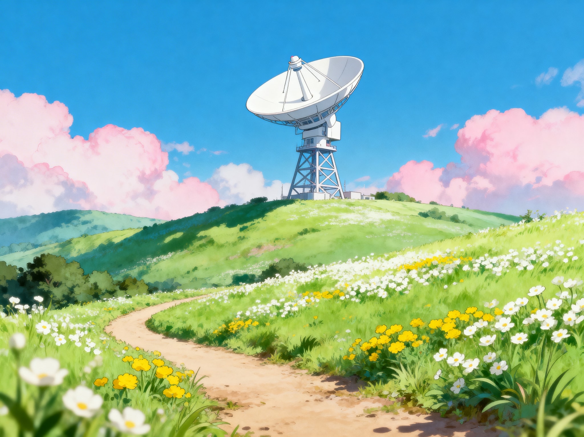 A 1990s retro anime-style landscape with a giant white futuristic satellite dish on a tower, set among green hills with flowers and a dirt path under a pastel sky.