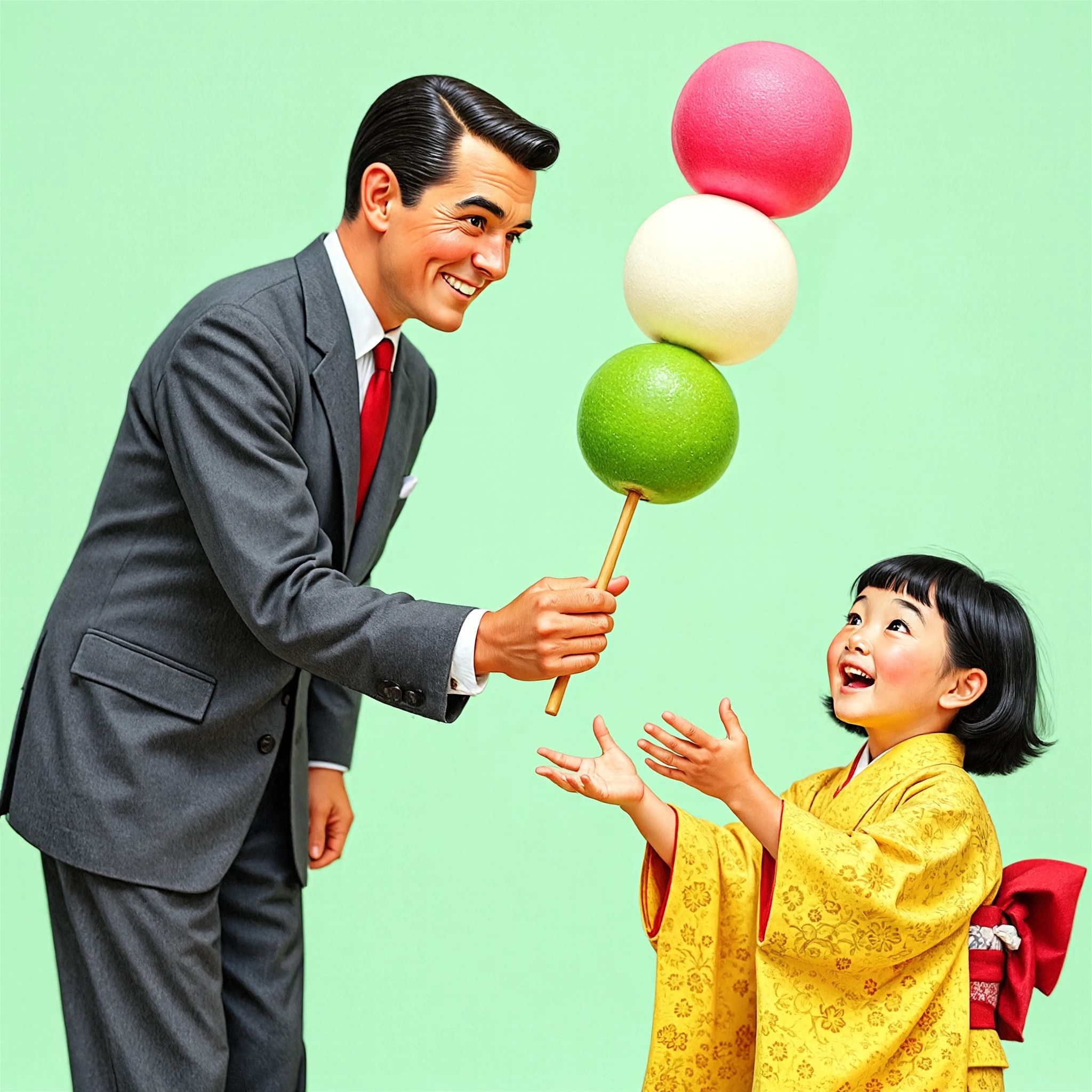 Retro 1950s illustration of a man in a suit handing a girl giant pink, white, and green hanami dango on a skewer, floating like balloons against a mint green background.