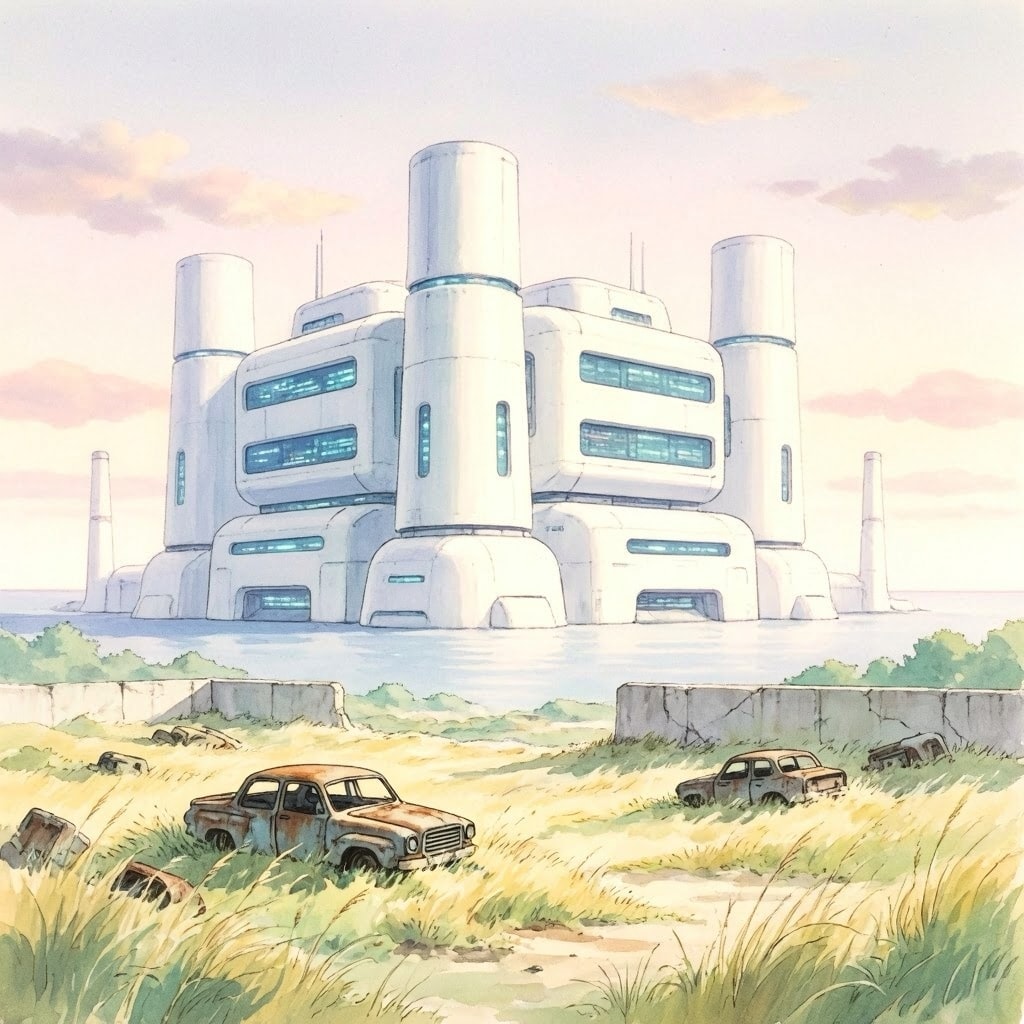 A 1970s retro anime style landscape featuring a giant white futuristic AI datacenter with soft pastel colors and a dystopian, nostalgic atmosphere.
