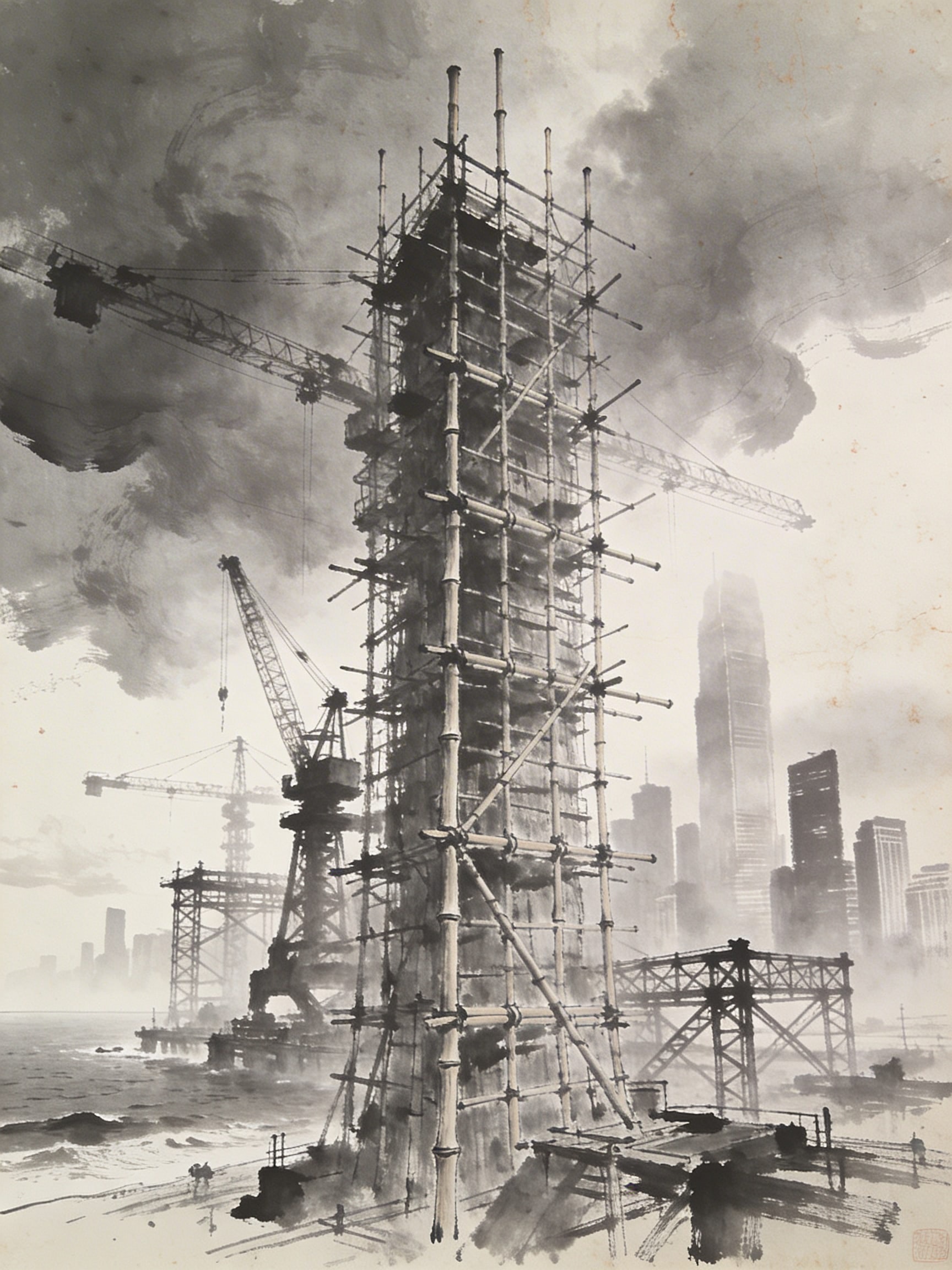 Charcoal sketch of 1970s retro-futuristic Shenzhen with bamboo scaffolding and cranes in coastal fog