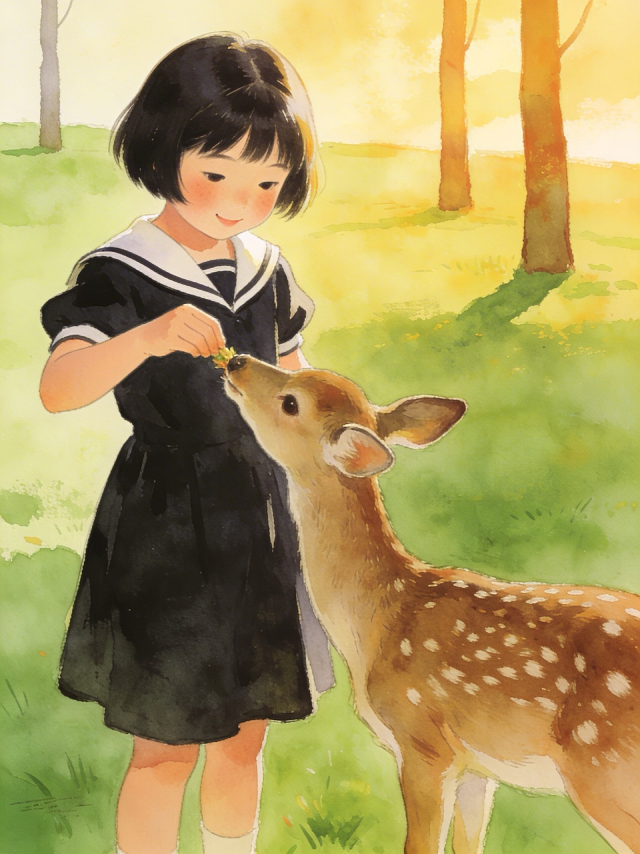 Vintage illustration of a Japanese girl in a sailor dress feeding a spotted deer in a minimalist park