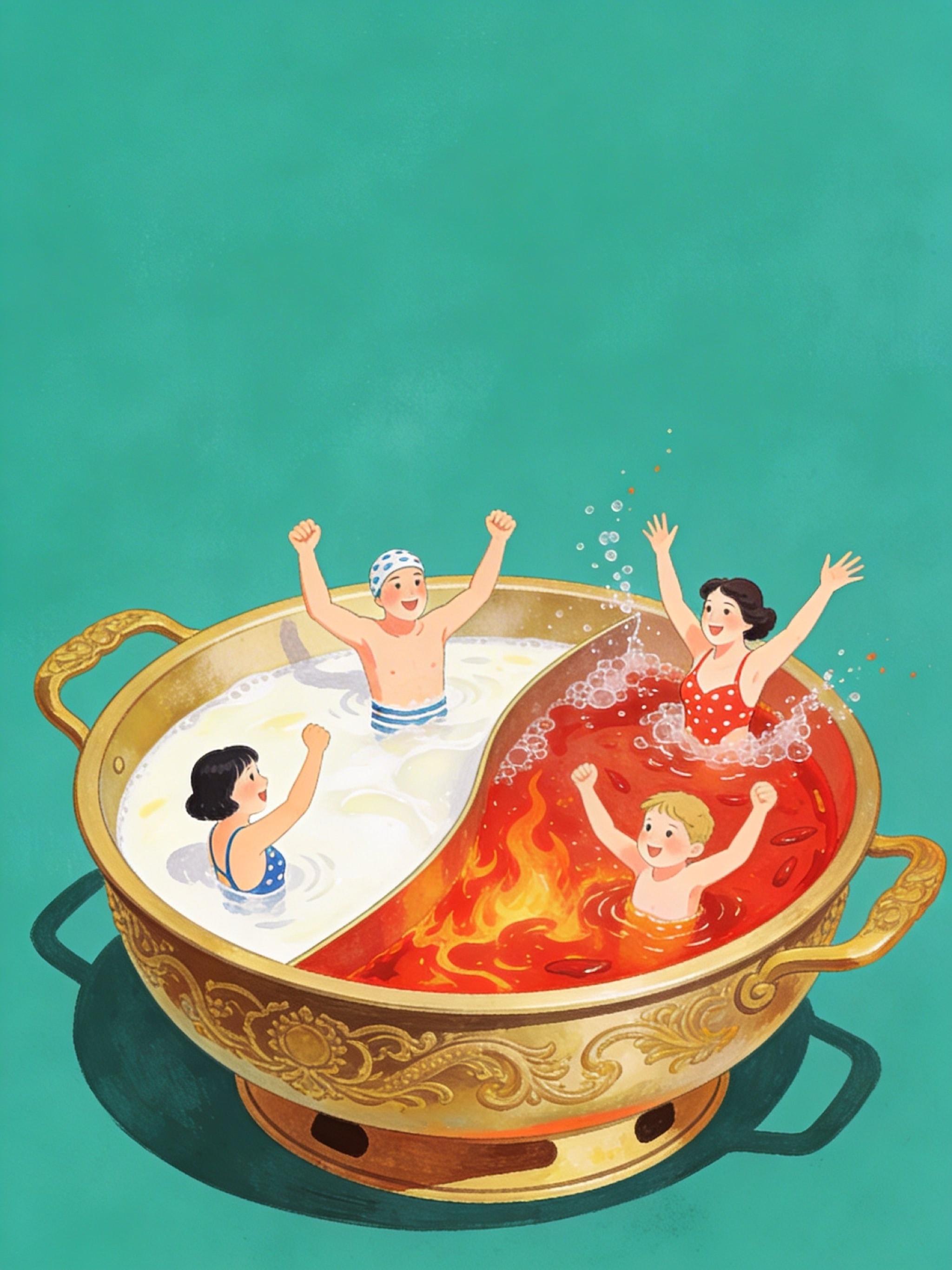 Surreal 1950s gouache illustration of a family relaxing inside a large brass Sichuan hot pot with red and white broth, on a teal green background.