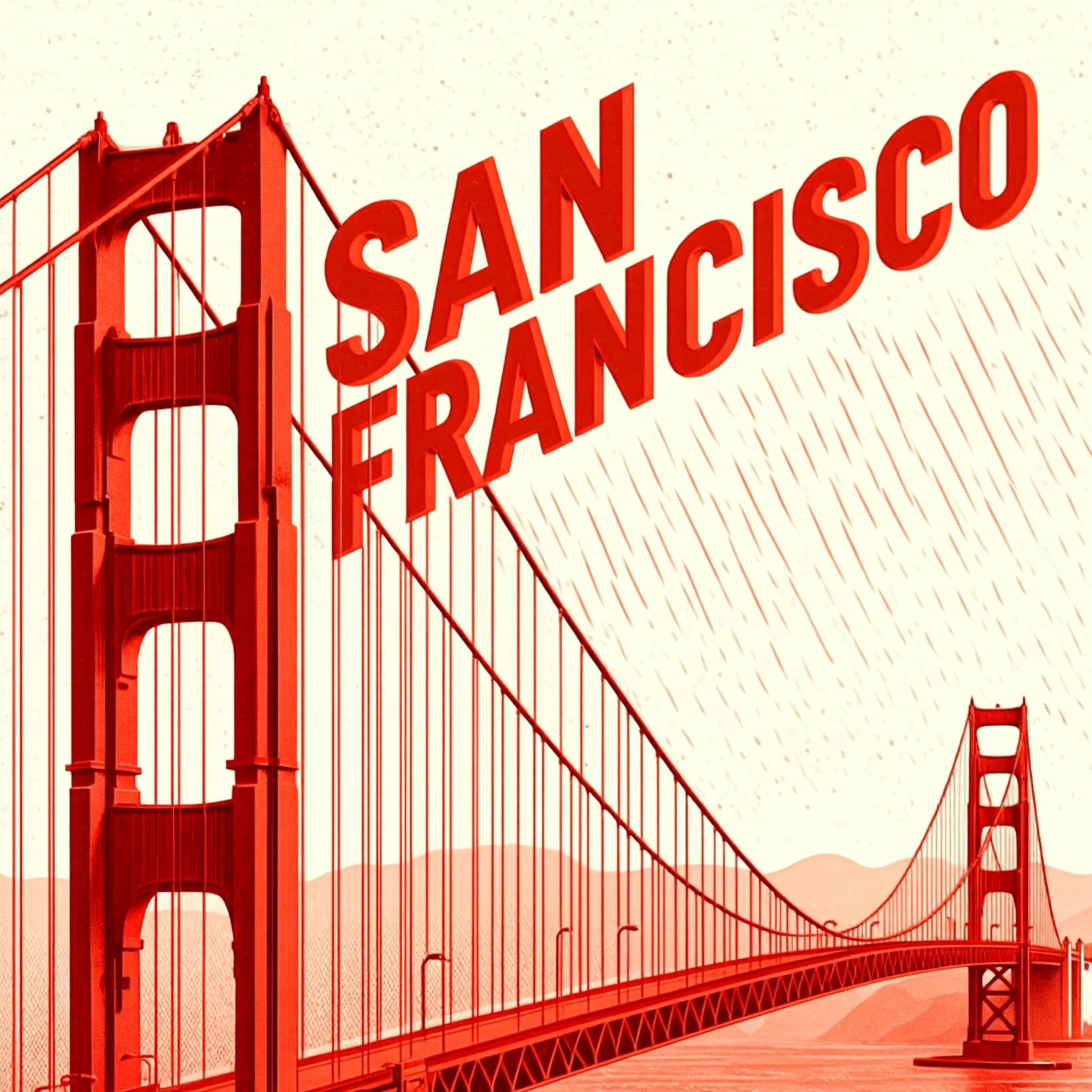 Vintage-style poster of a San Francisco bridge with a tilted title and rain speckle halftone texture in tomato red and cream colors.