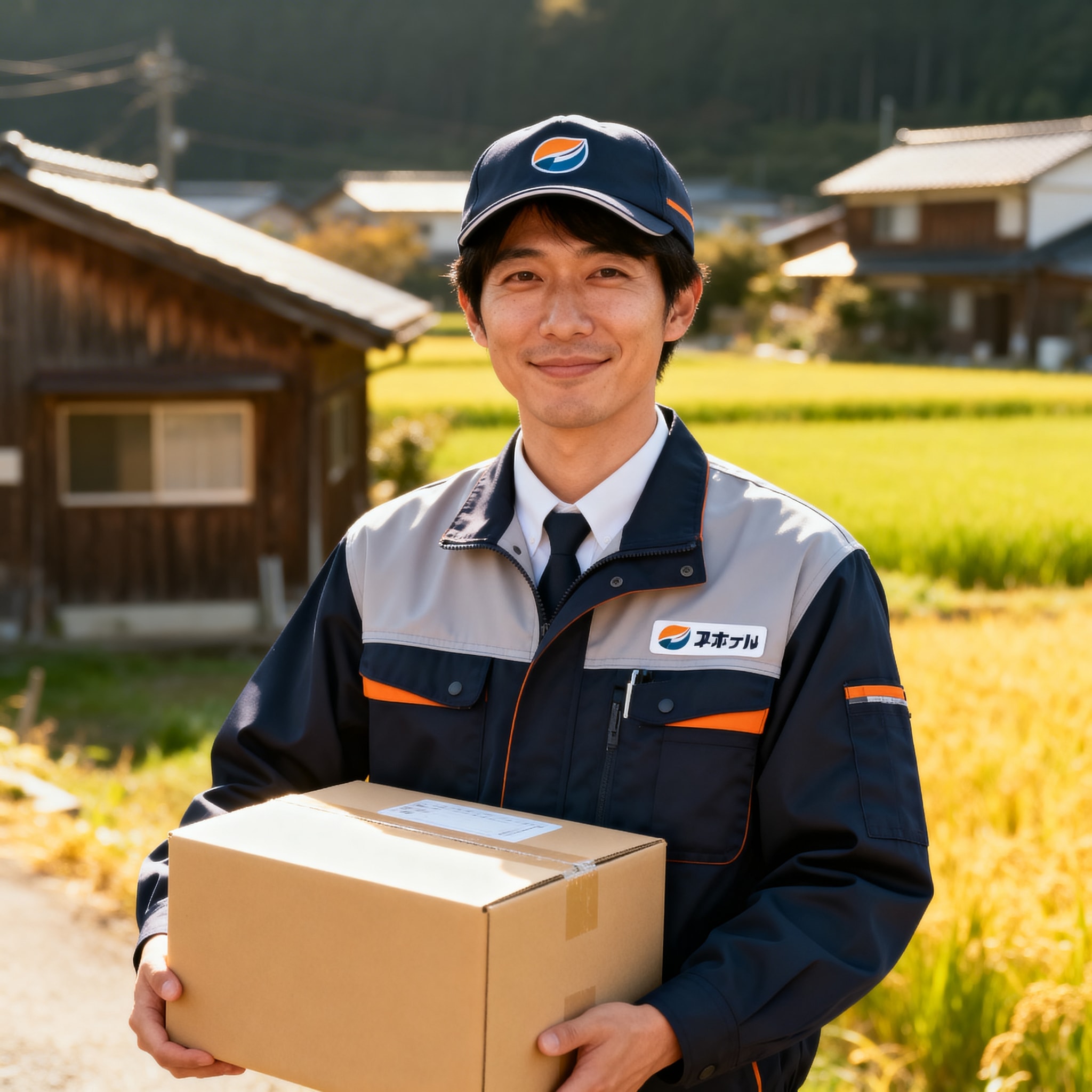 Realistic photo of an Asian delivery worker on a rural Japanese road