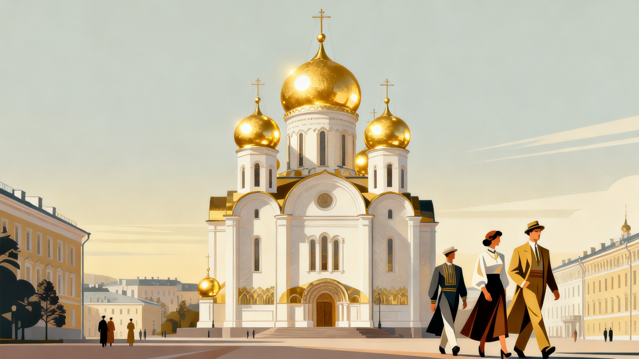 Vintage illustration of a Russian cathedral with golden domes and people walking in a square.